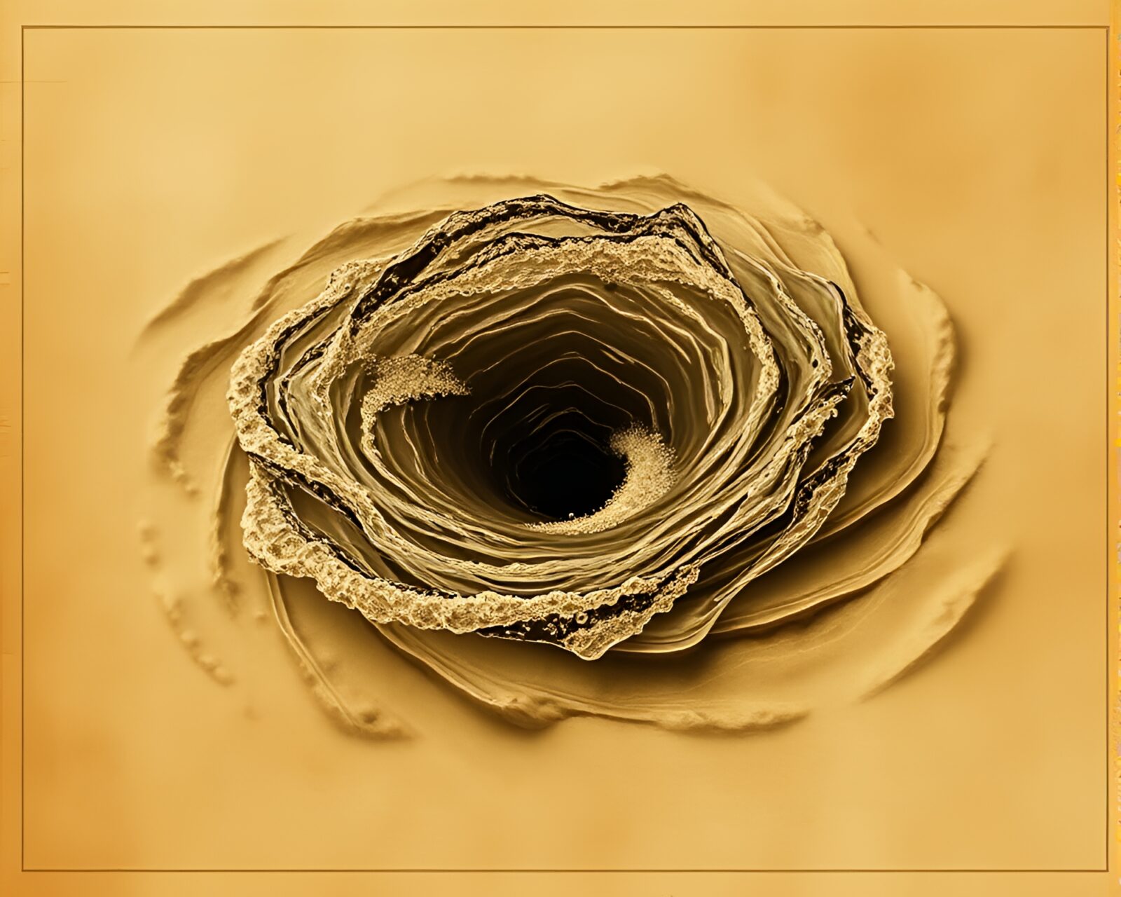 Sepia-toned whirlpool with digital AR elements in blueprint style