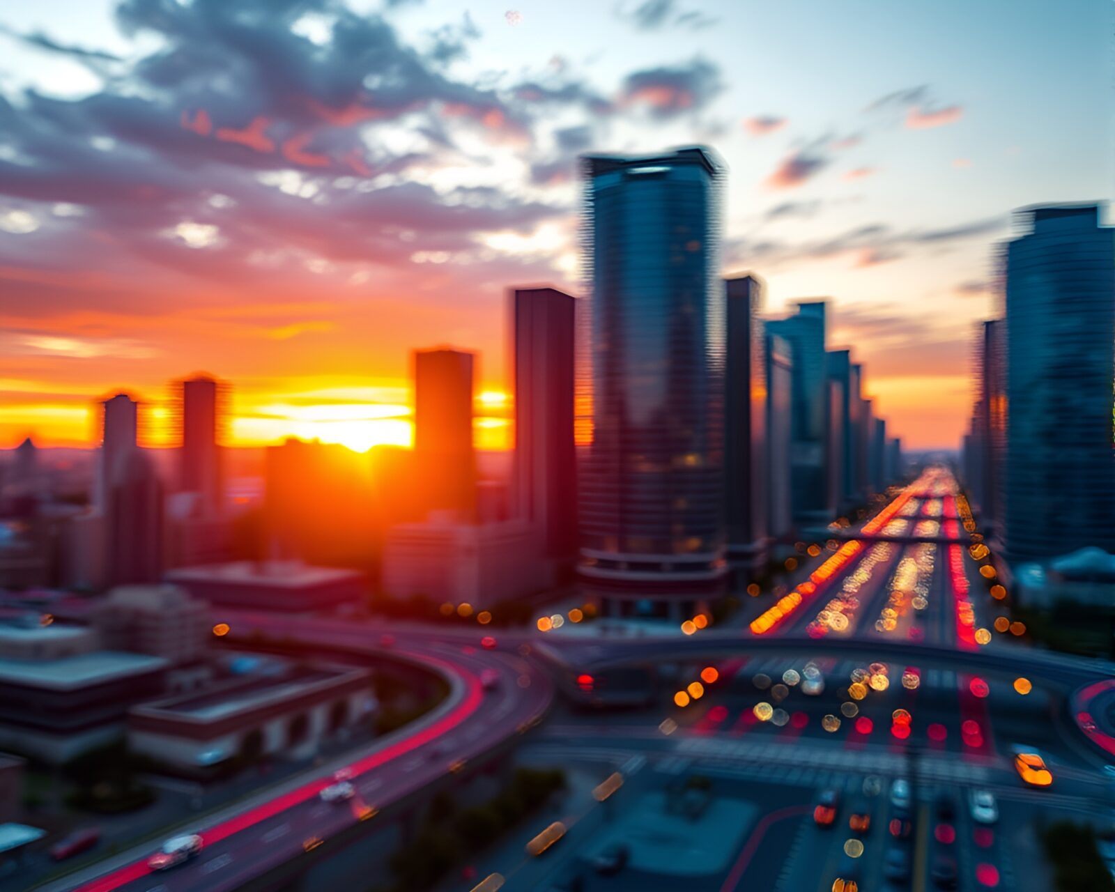 Futuristic metropolis bathed in glitchy sunset light