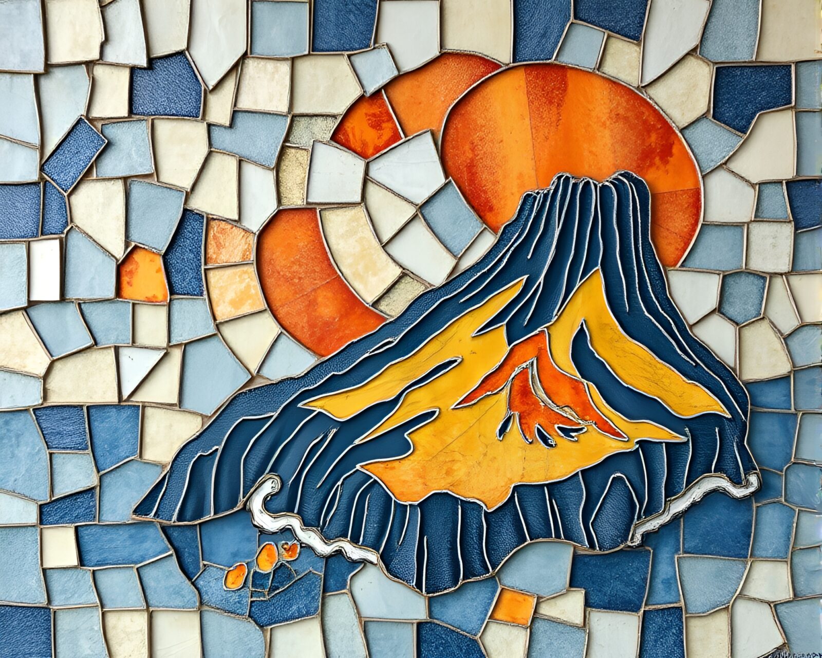 Surreal volcanic island landscape with bio-organic patterns in faded denim hues