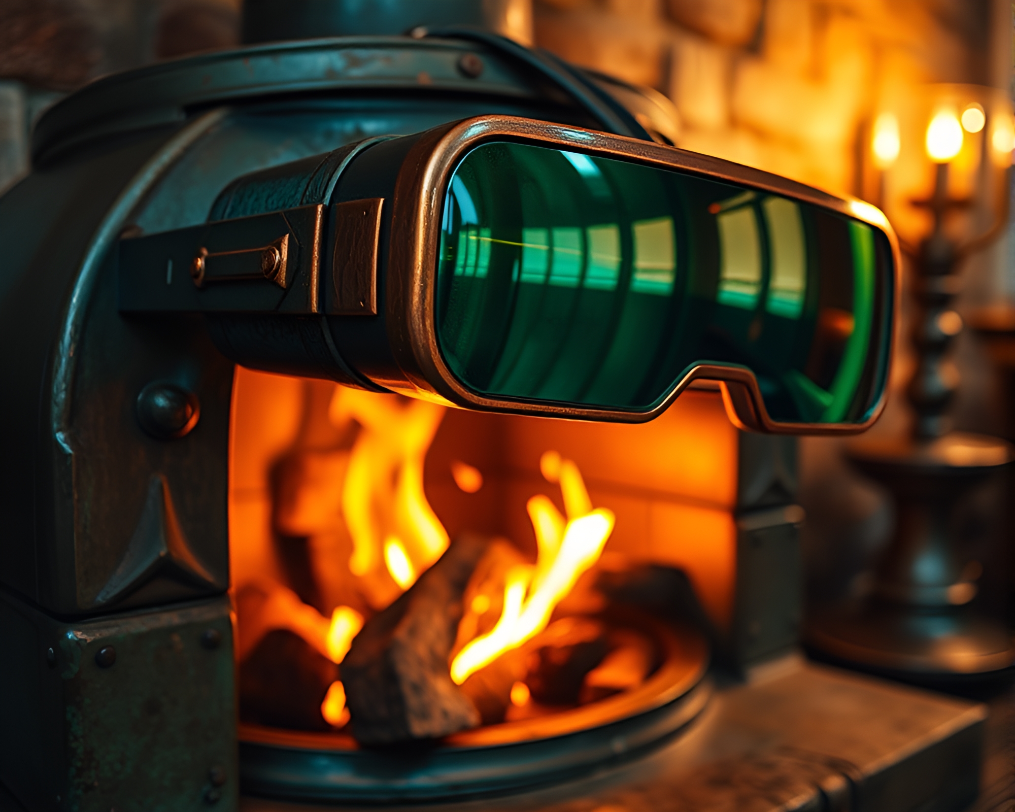 Copper verdigris augmented reality glasses by fireplace – free AI stock image
