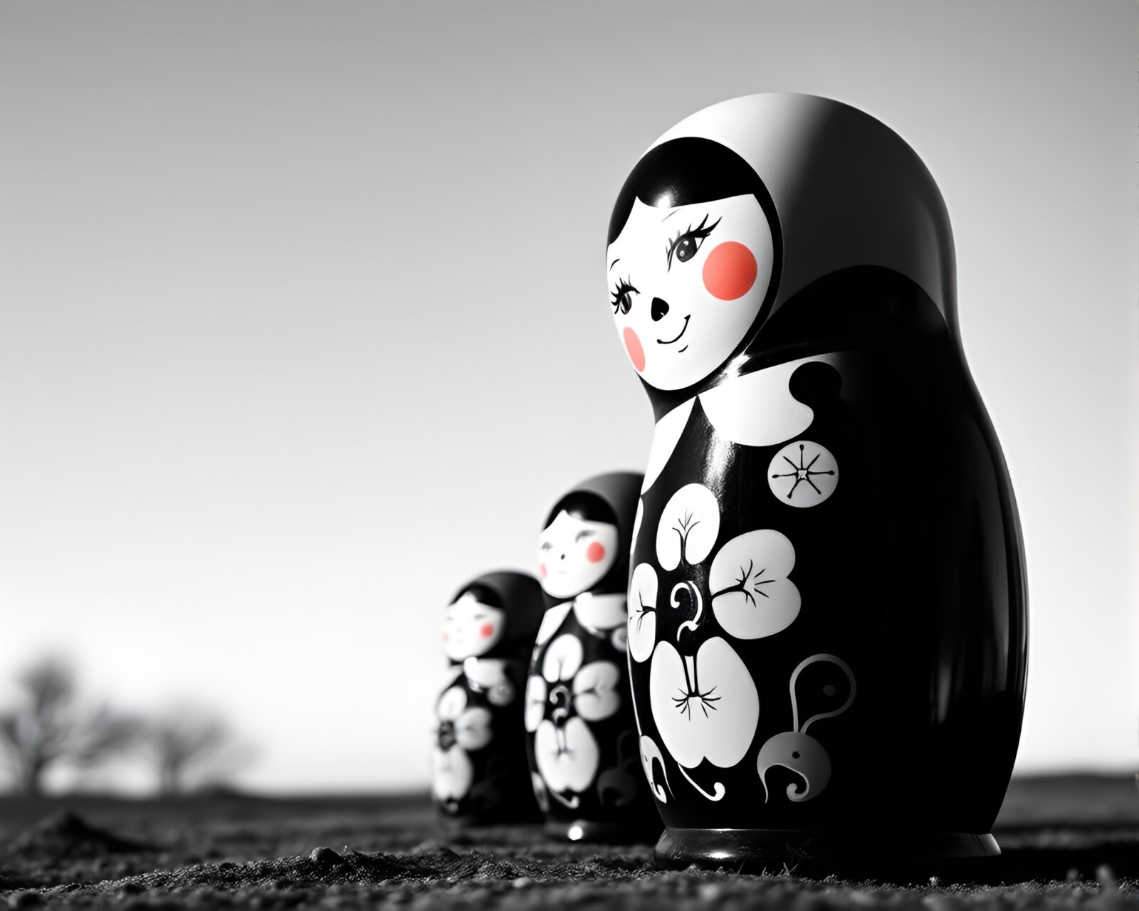 Stereograph of Matryoshka doll in monochrome blue rainbow oil slick