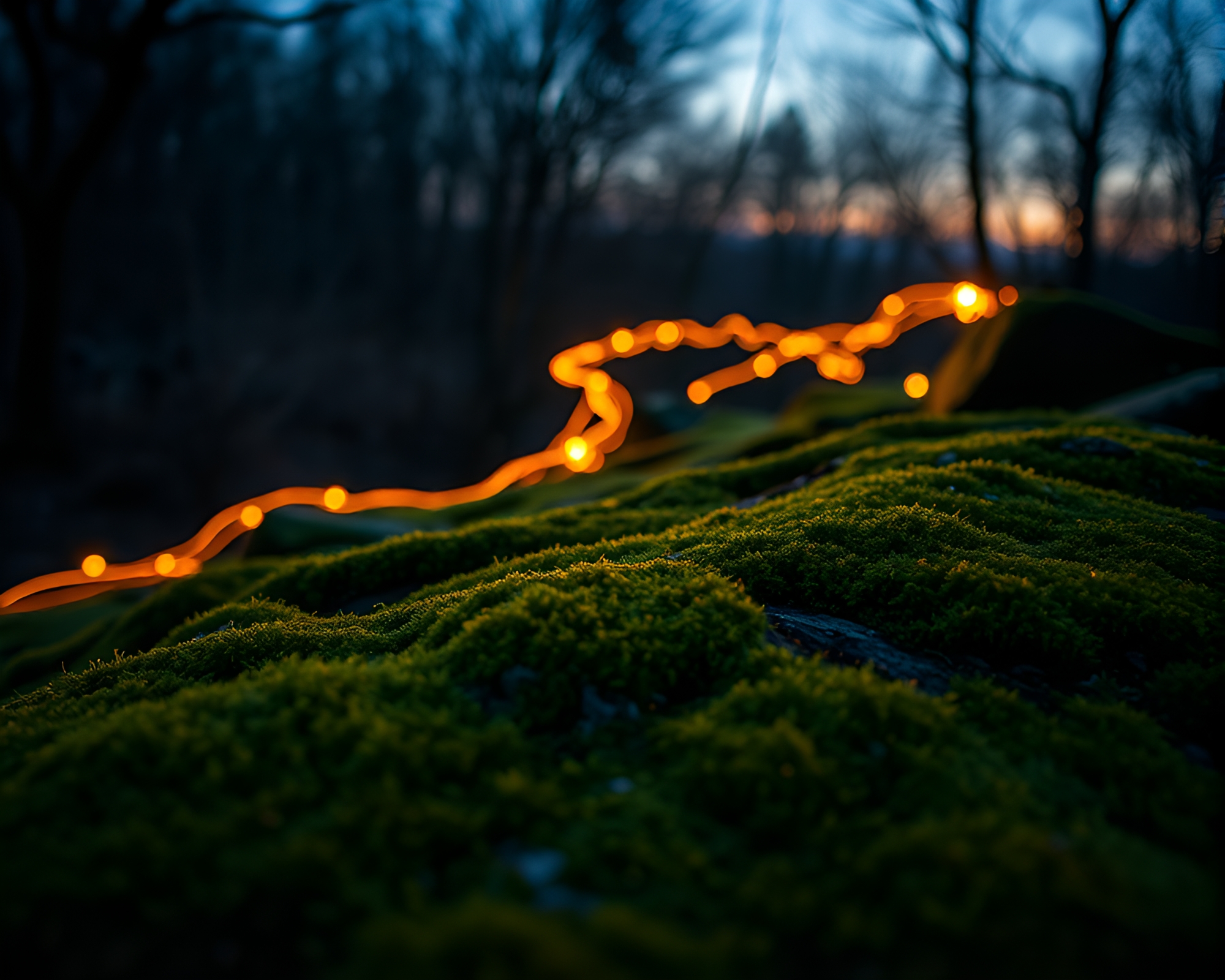 Sunset Light Trails on Moss-Covered Rock Formation – free AI stock image