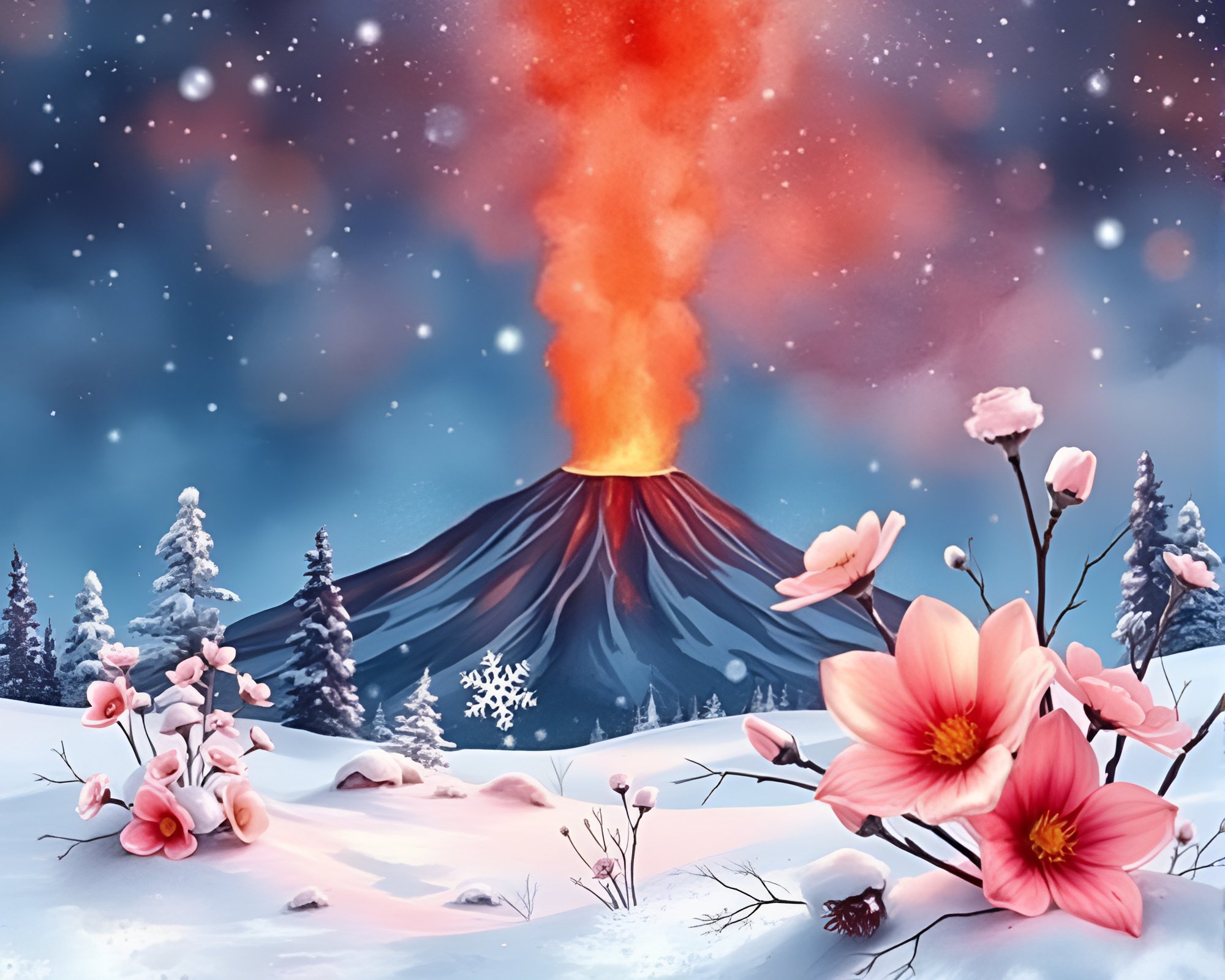 Winter Wonderland Watercolor Blooms with Volcano-Red Glow – free AI stock image