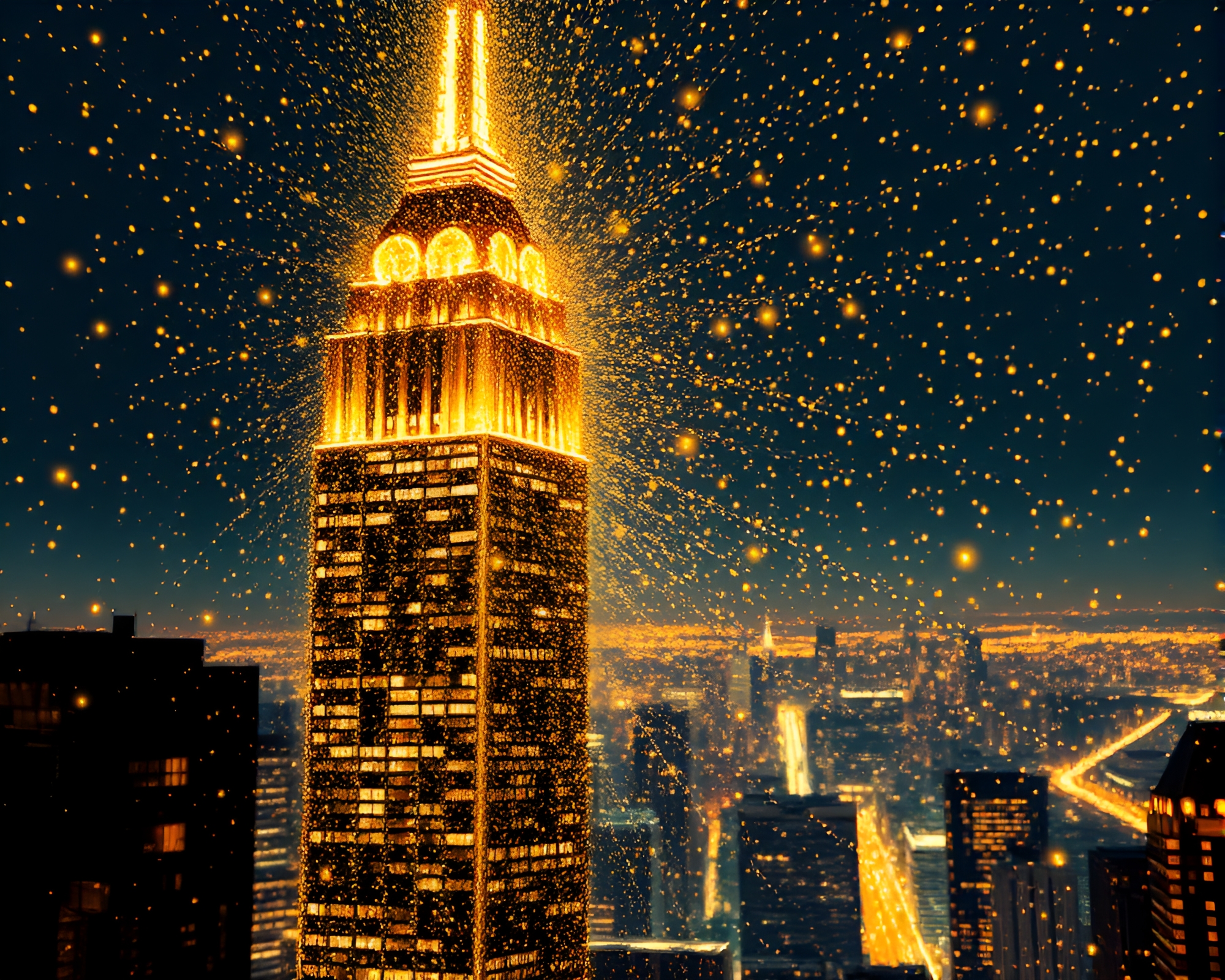 Golden Skyscraper Illuminated by Fairy Light Pointillism – free AI stock image