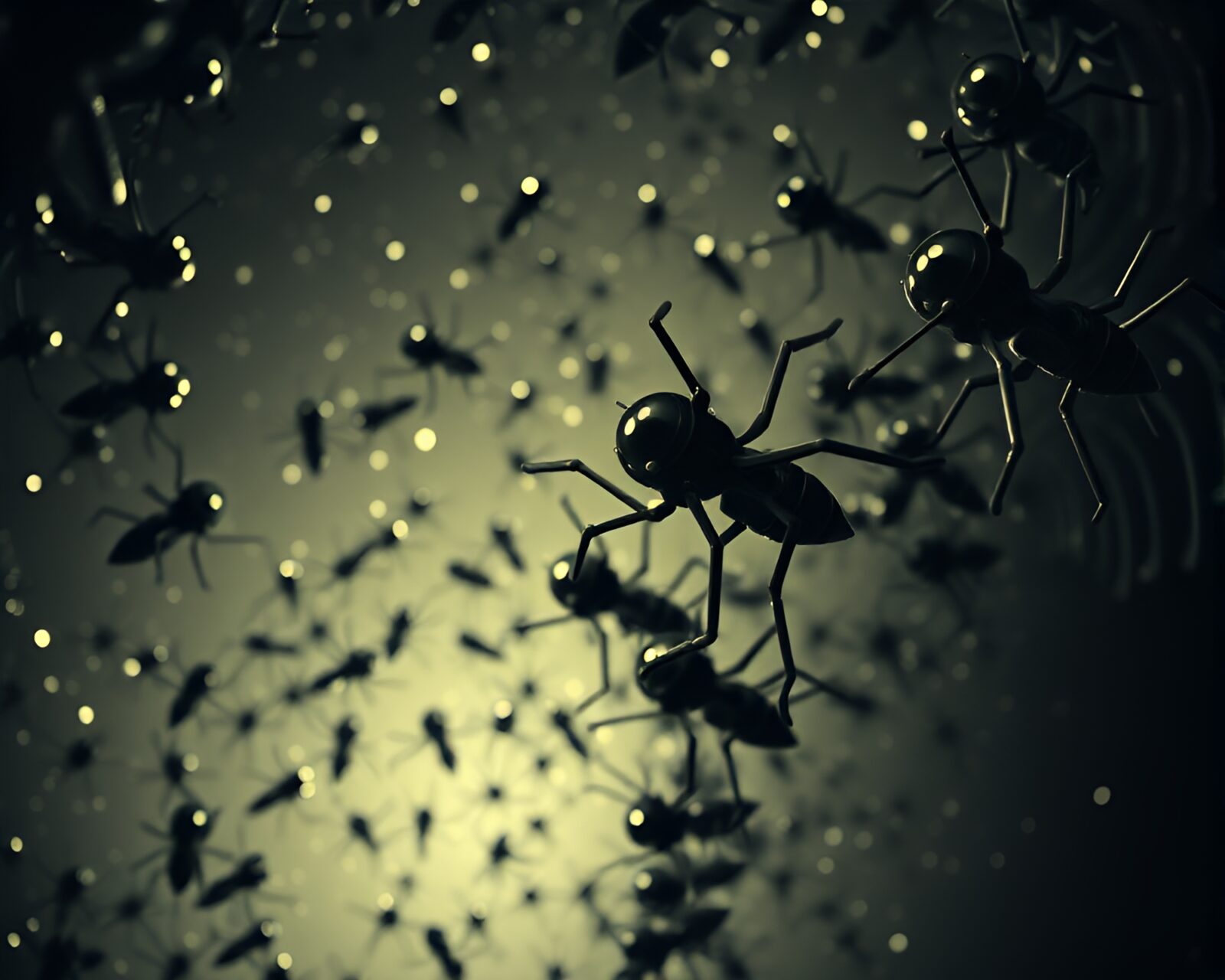 A low-angle shot of hyper-saturated nanobots in duotone style.