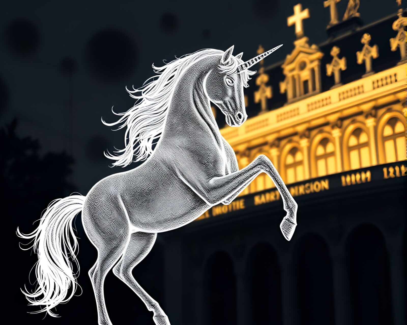 Crosshatched unicorn in dramatic low-key architectural lighting