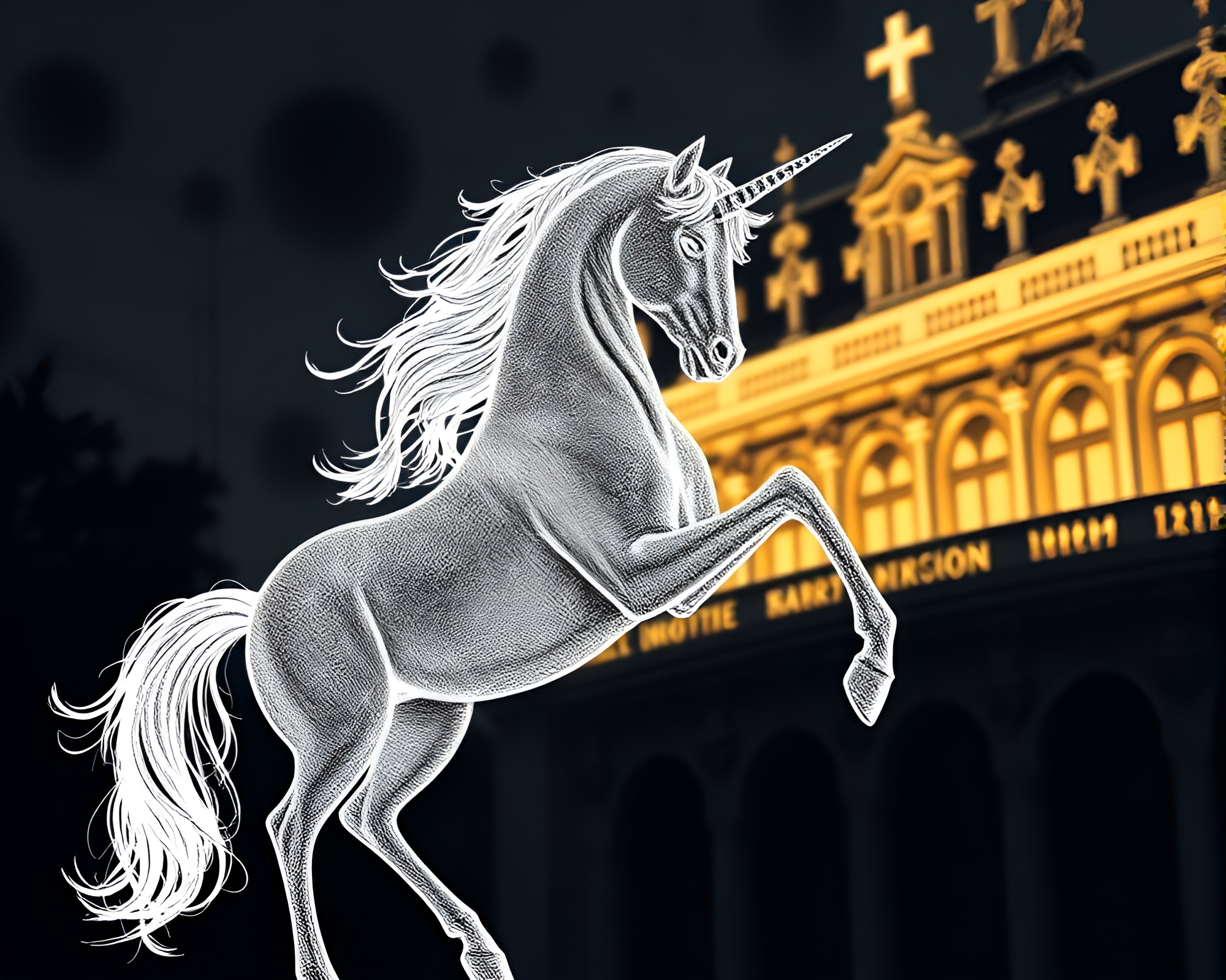 Intricate Crosshatched Unicorn in Architectural Light – free AI stock image