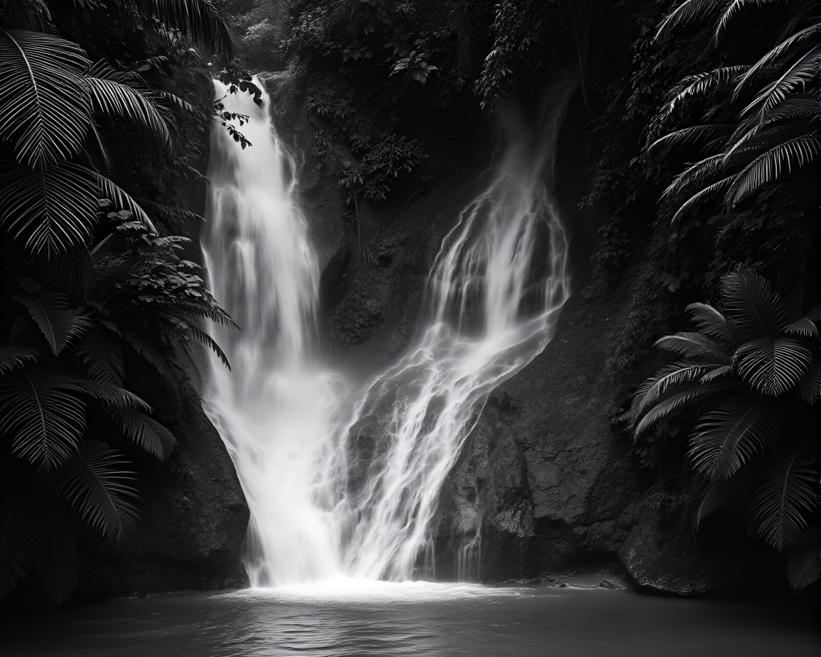 Dramatic high-contrast black and white tropical waterfall under moonlight
