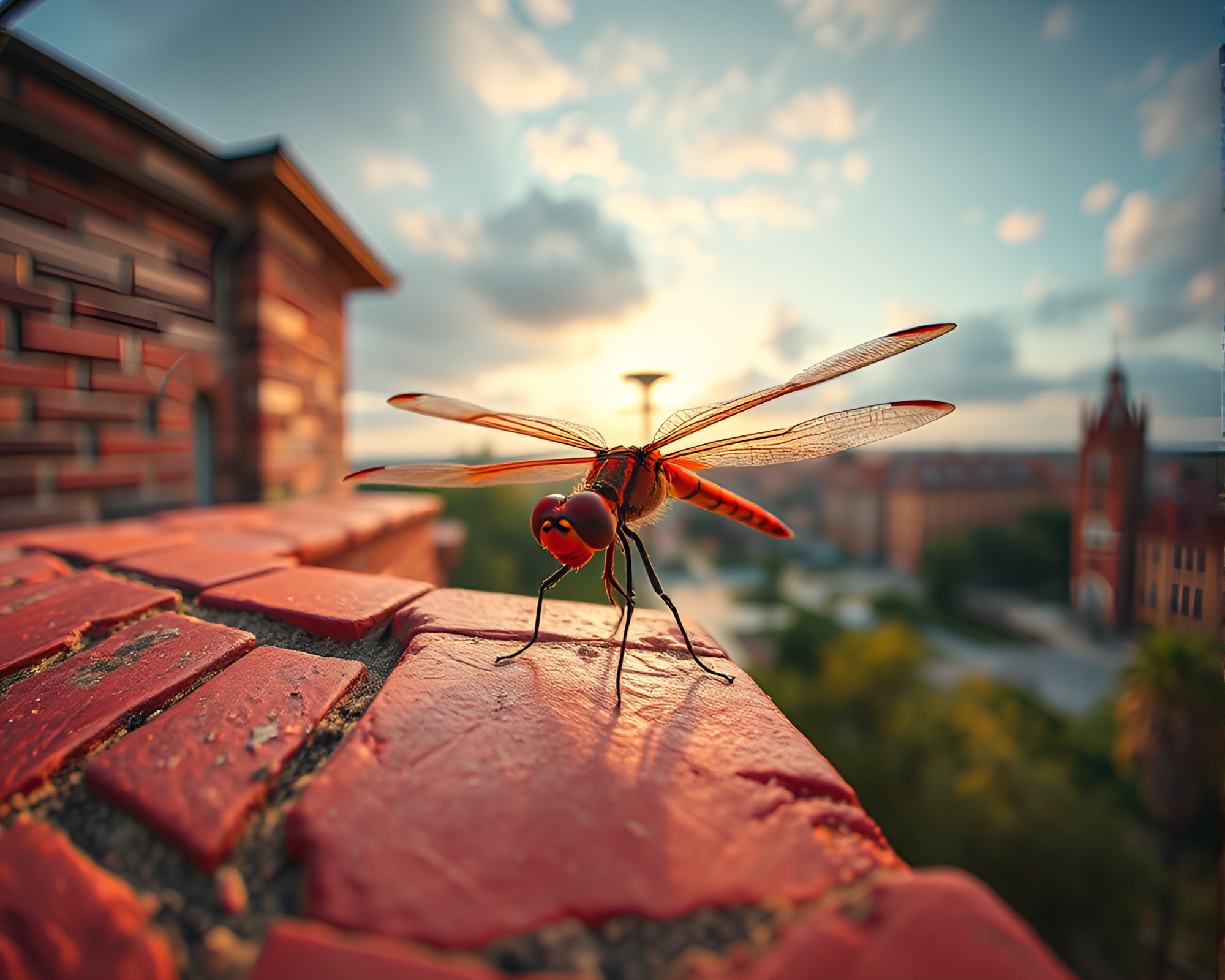 Stereoscopic Dragonfly Panorama: Brick Red Mystique – free AI stock image