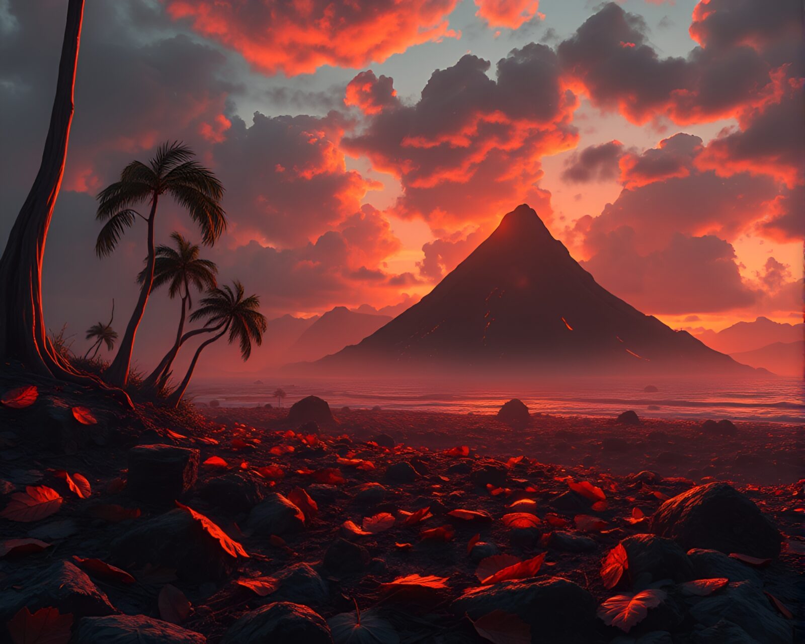 Mysterious volcanic island at dawn with detailed leaf litter