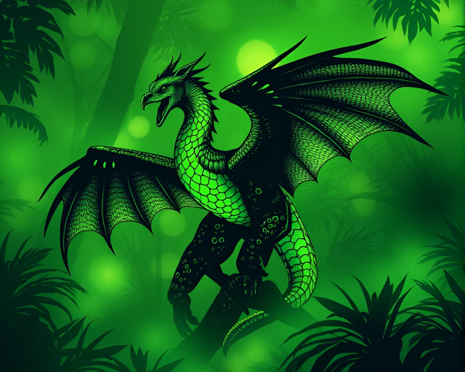 Surreal halftone gryphon art in glowing rainforest setting