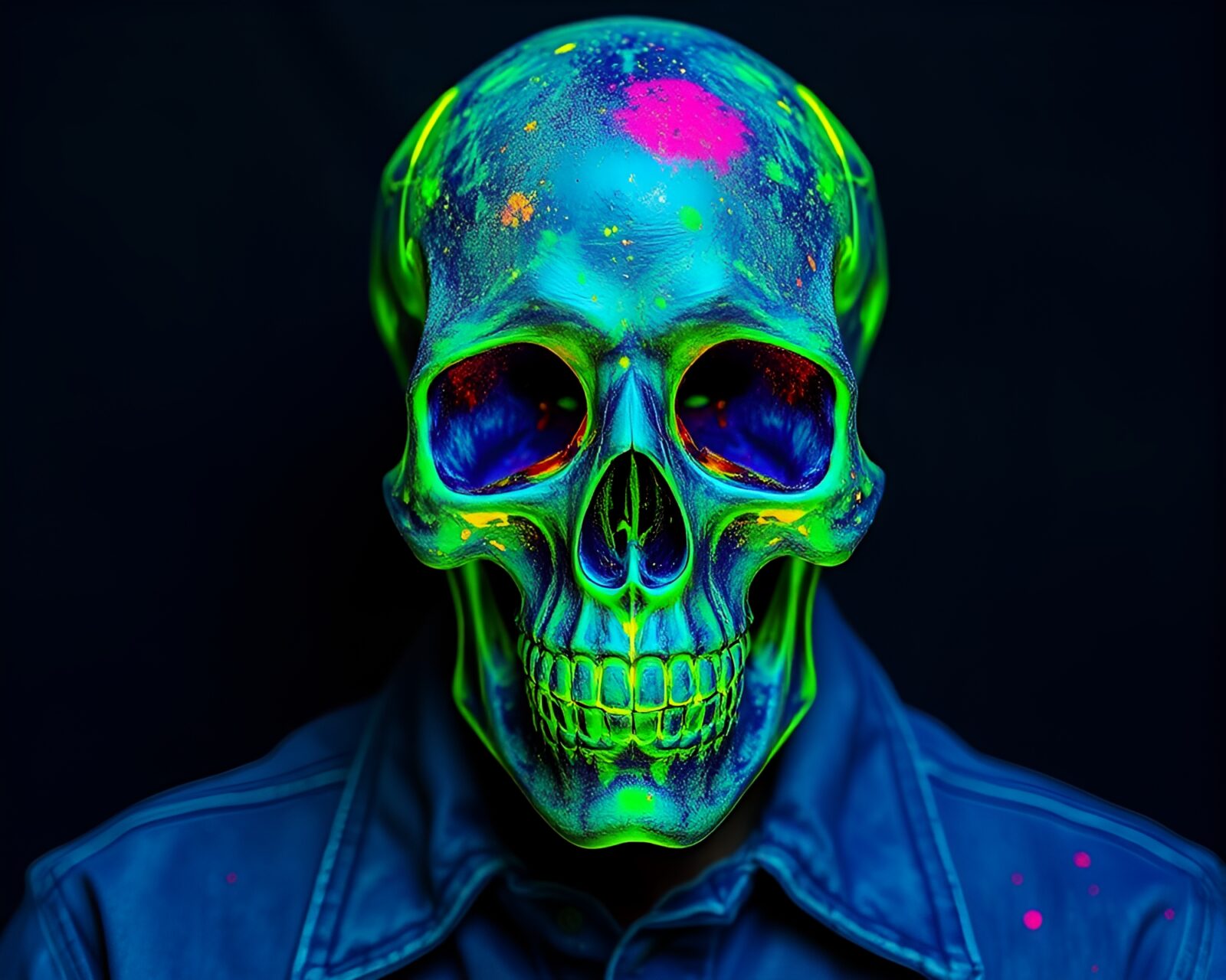 Ethereal crystal skull surrounded by acrylic spatters and thermal colors
