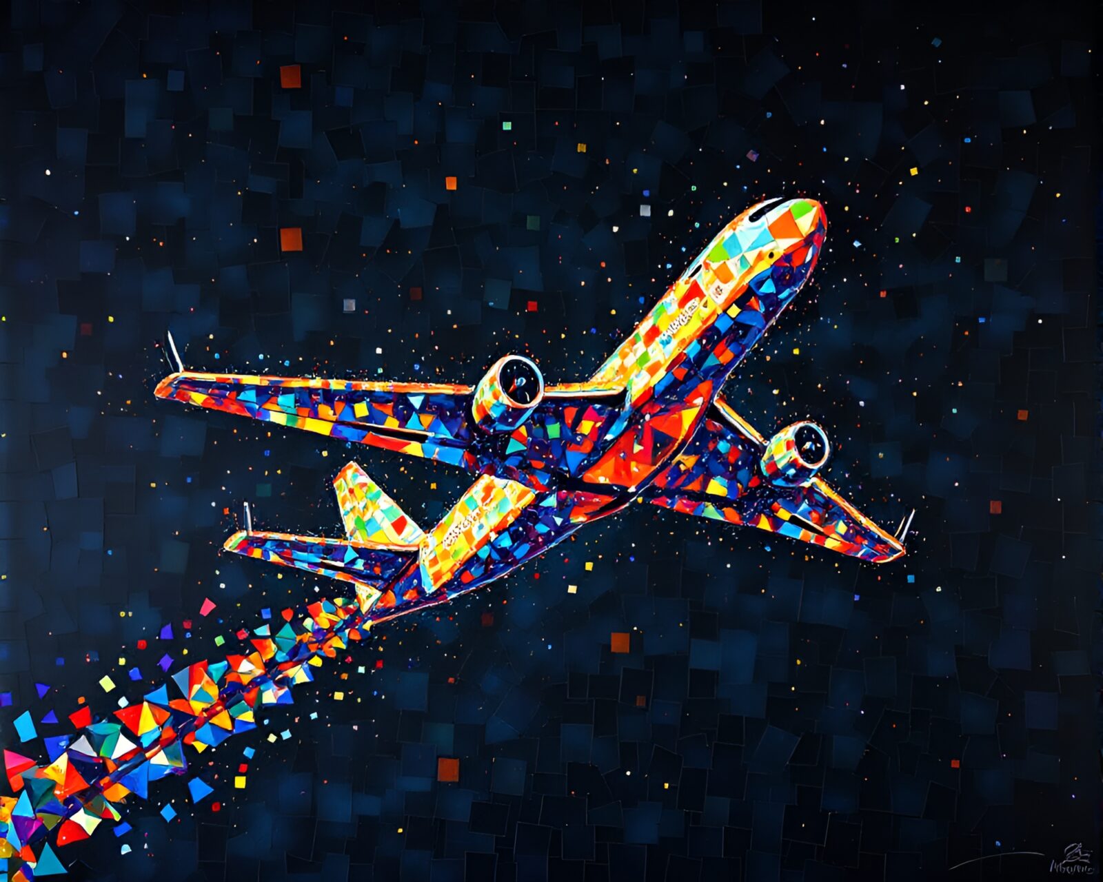 Underpainted artwork of an airplane in fragmented mosaic style