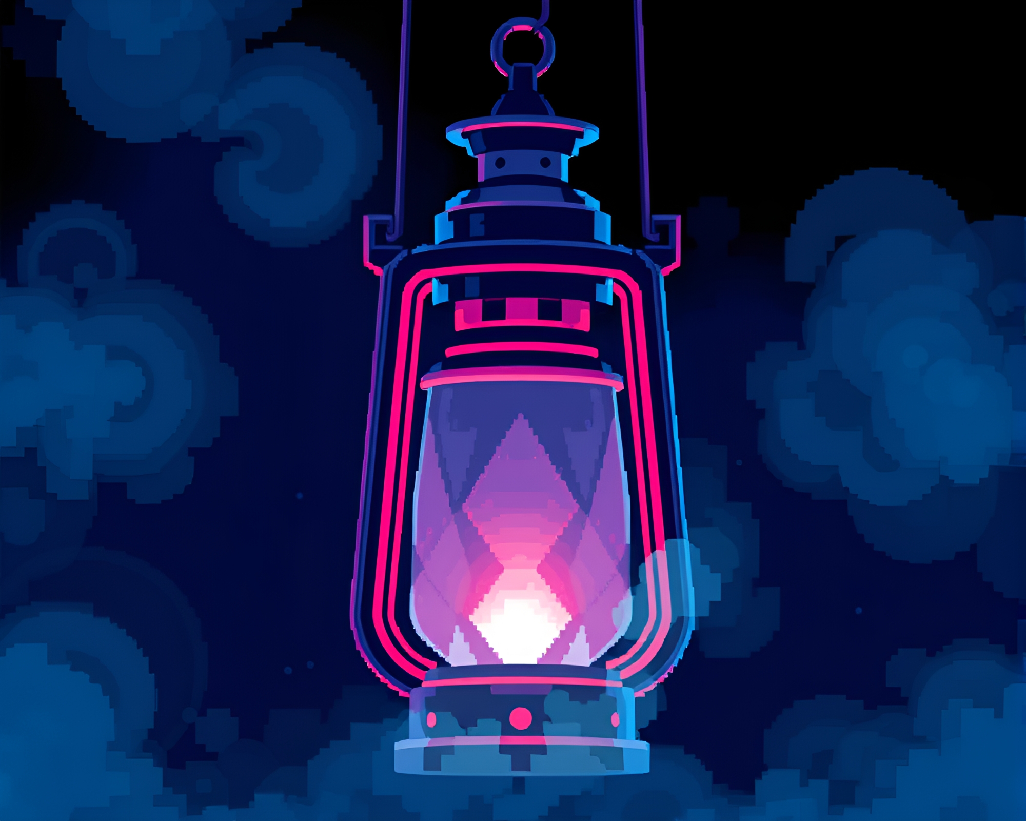 Steam Lantern Illuminates Cobalt Blue Pixel Art World – free AI stock image