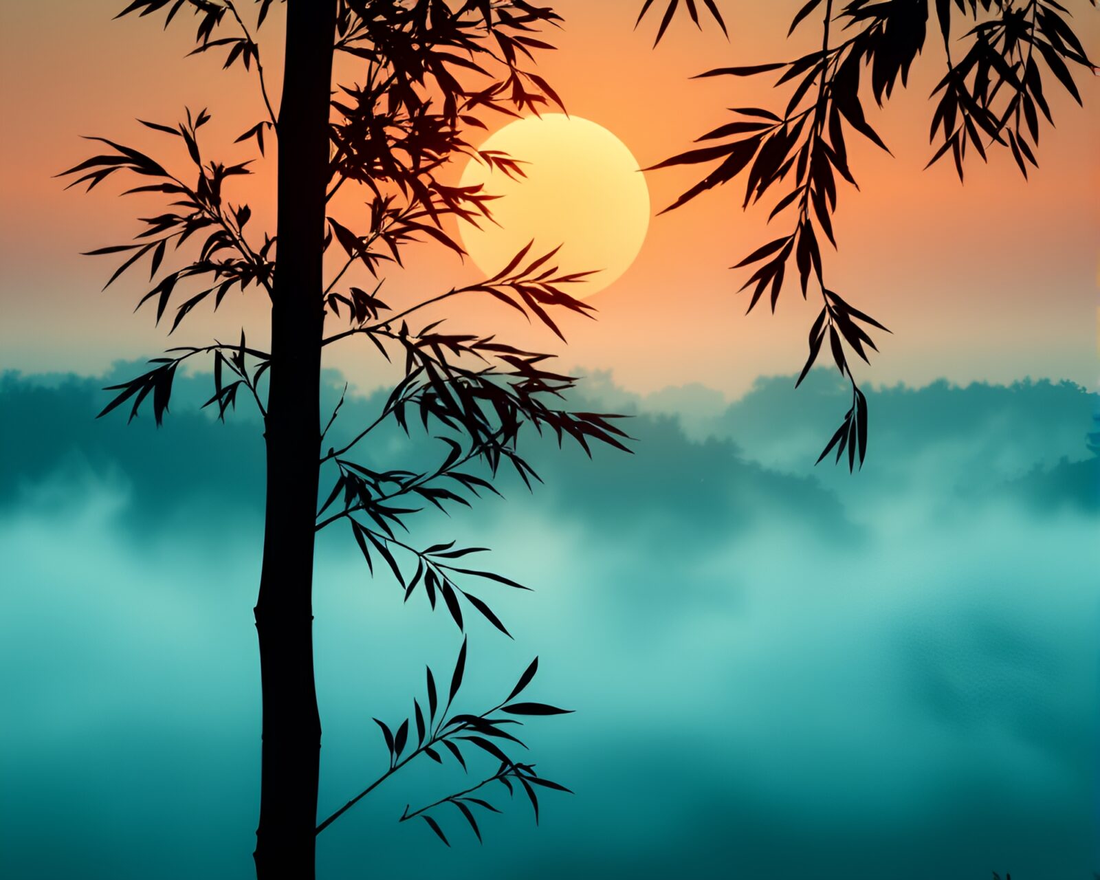 Cartoon style drawing of musician playing bamboo flute in mist