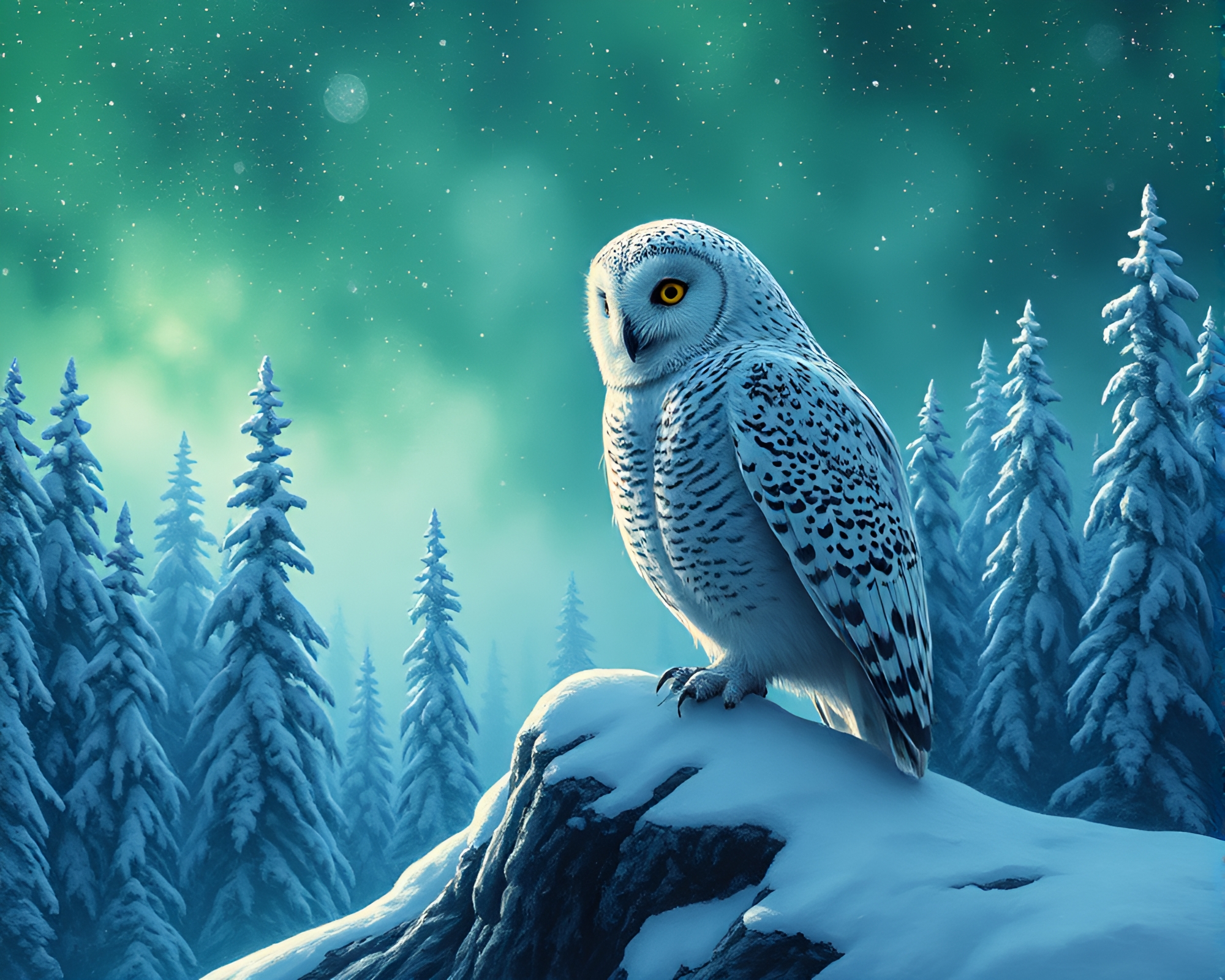 Ethereal Shadow Play: Snowy Owl in Green Rainforest Haze – free AI stock image
