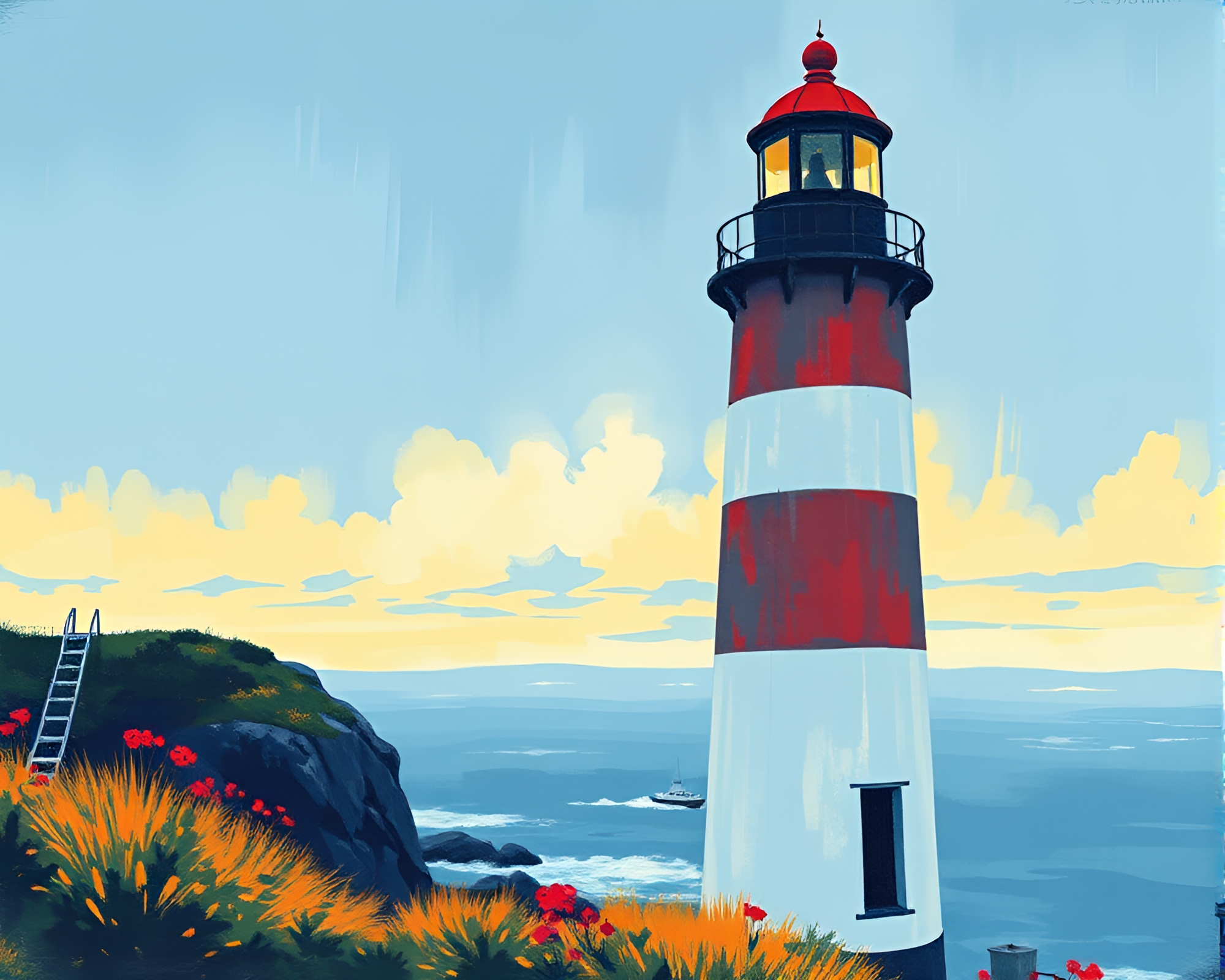 Serene Lighthouse Moment in Screen Print Style – free AI stock image