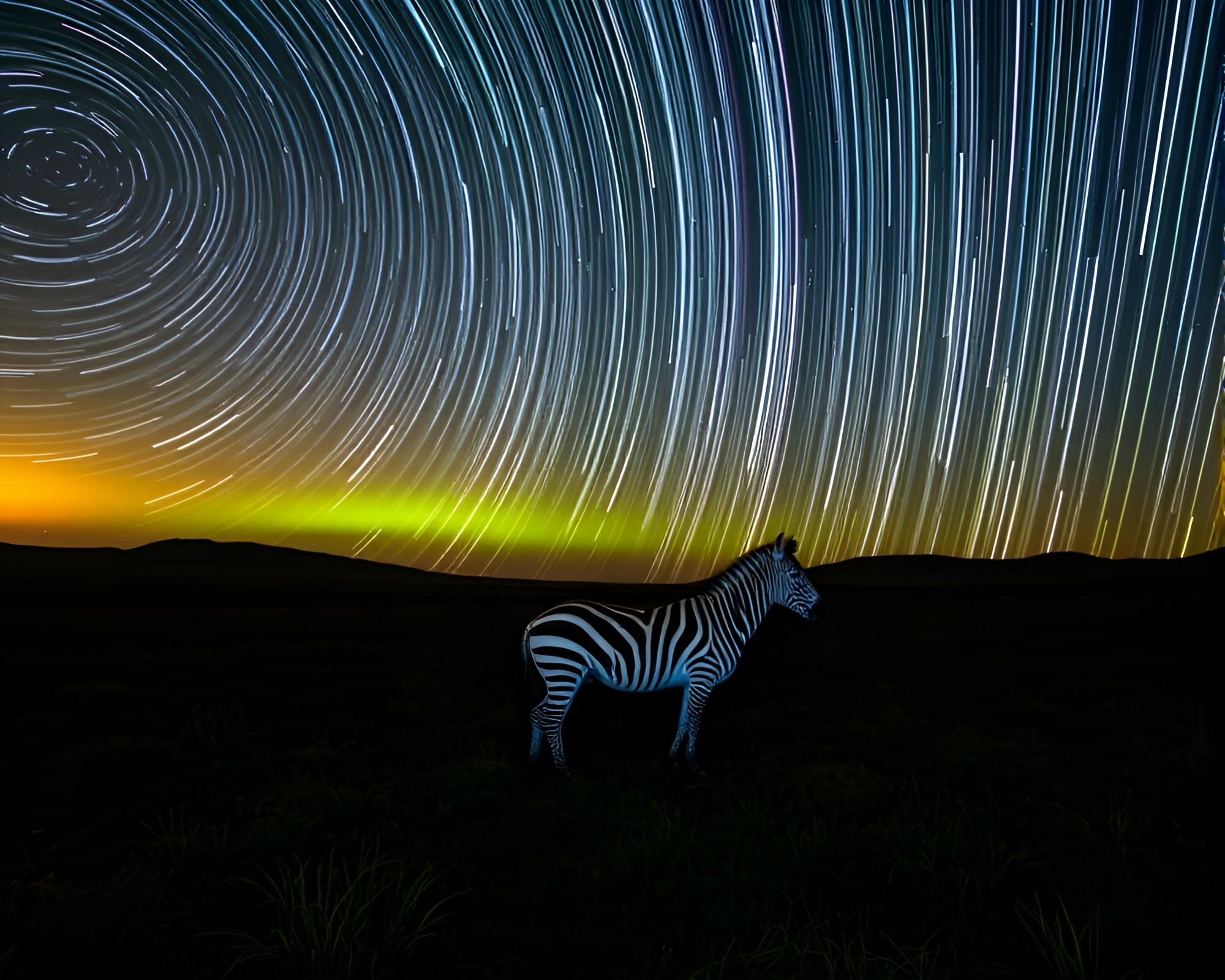 Zebra under cosmic star trail rainbow – free AI stock image