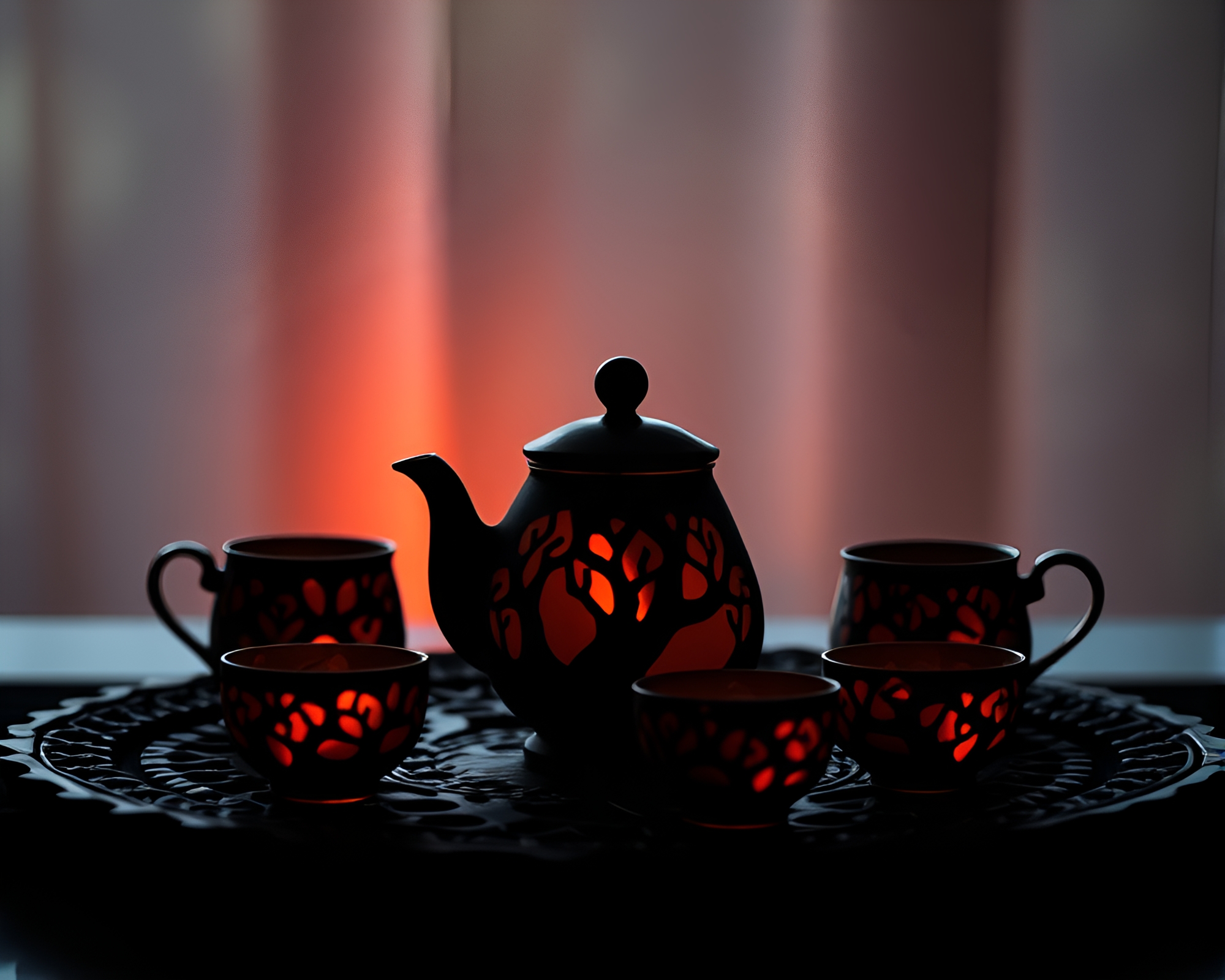 Vintage Tea Set Silhouetted Against Retro Tree Patterns – free AI stock image