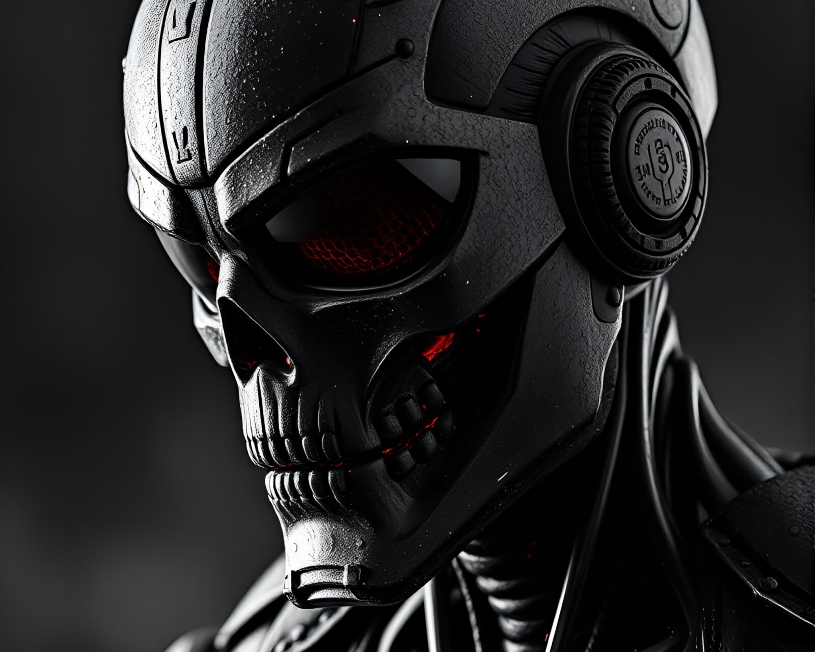 Close-up view of a cyborg in volcanic ash lighting