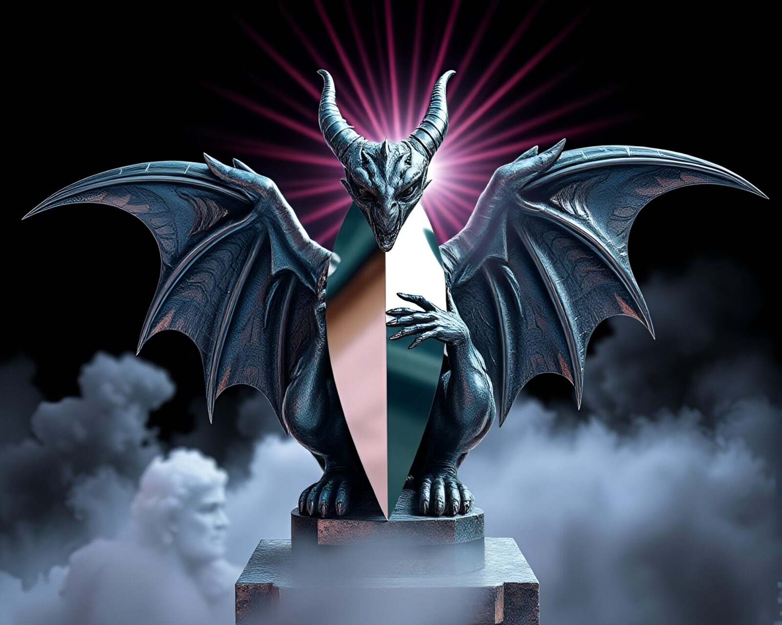 Vibrant reflection of a gargoyle statue in duochrome hues