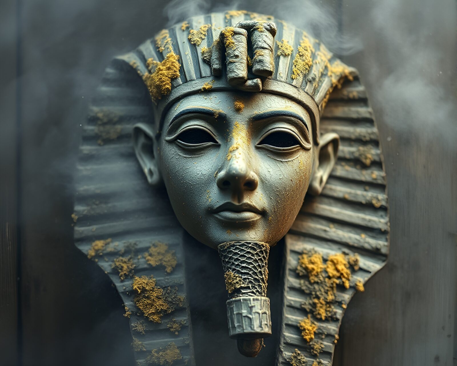 Tempera painting of misty temple with lichen and Pharaoh's mask