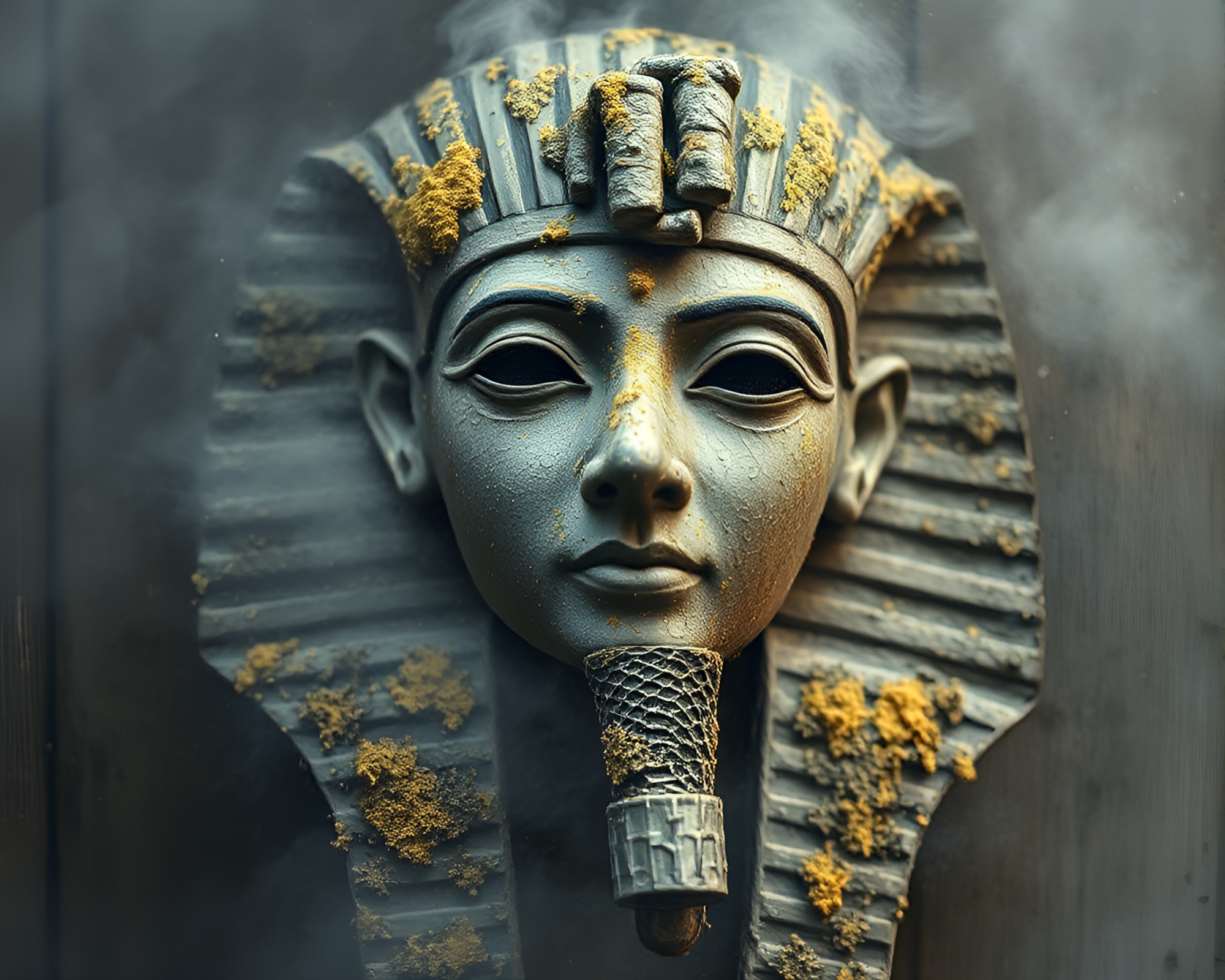Ancient Pharaoh’s Mask in Lichen-Adorned Temple – free AI stock image