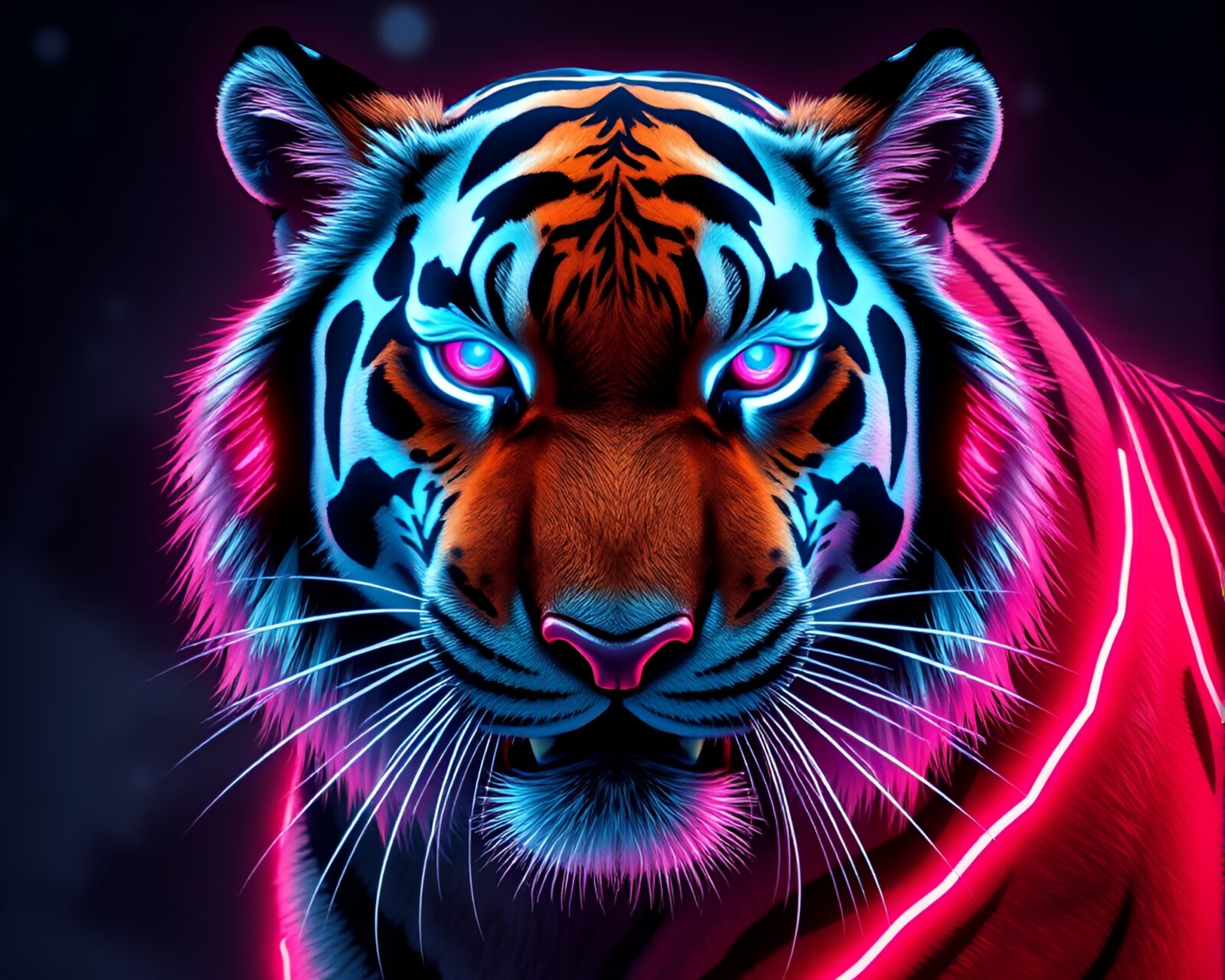 Vibrant neon tiger against polar twilight sky