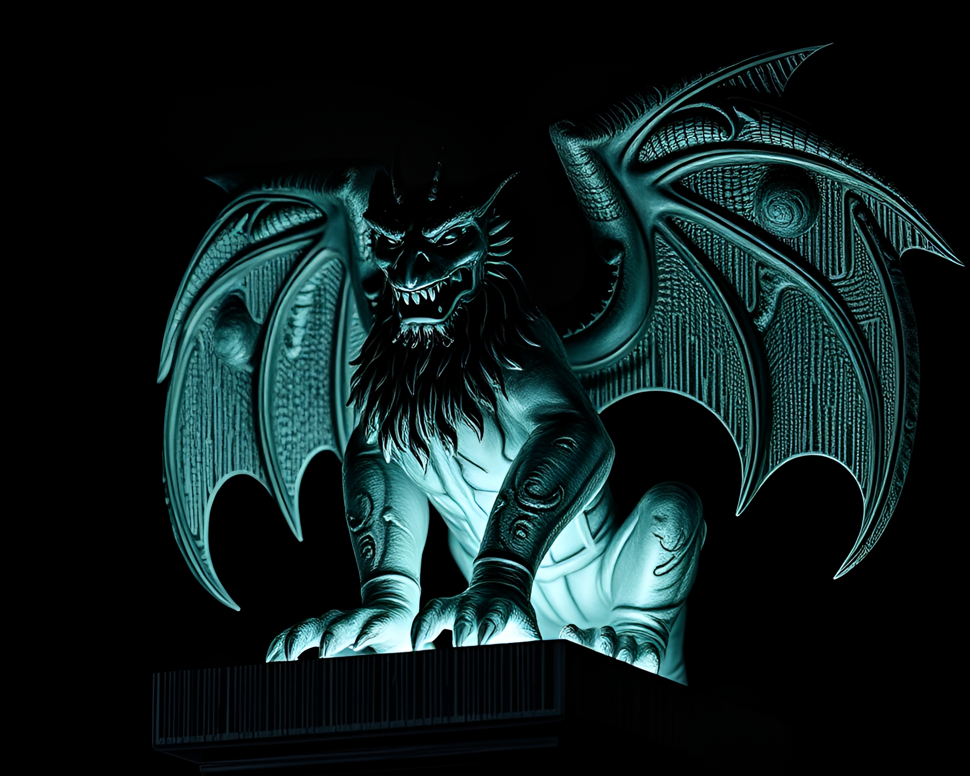 Phosphorescent Gargoyle Statue in Monochrome Barcode Stripe Light – free AI stock image