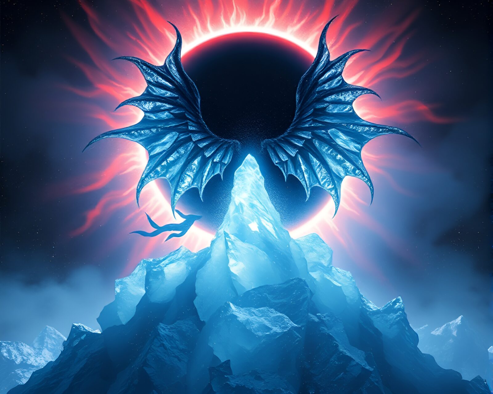 Abstract op art of a Djinn emerging from ice crystals in eclipse shadow