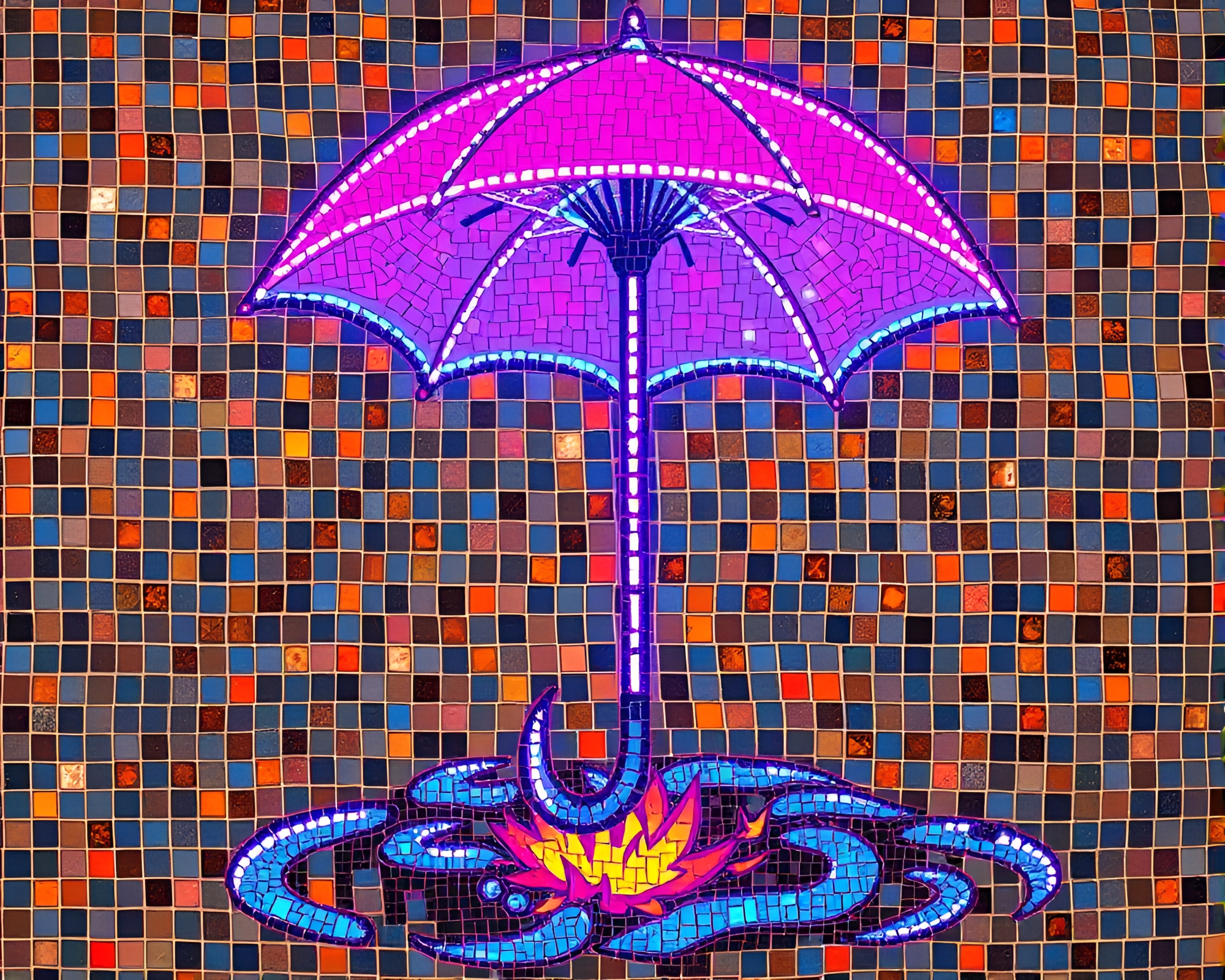 Neon Umbrella Tattoo Flash Art Mosaic Composition – free AI stock image