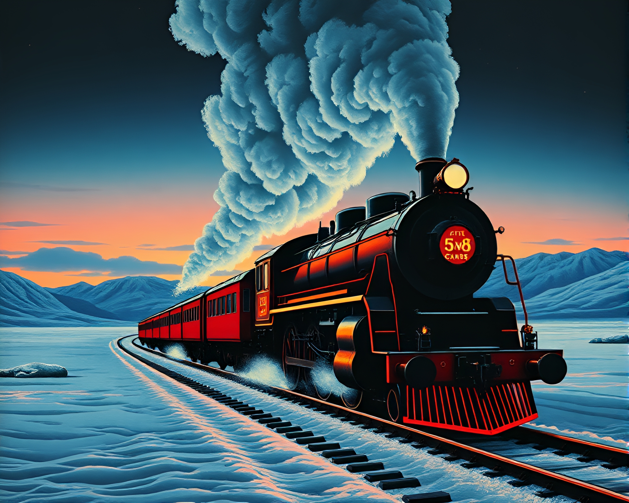 Neon Steam Locomotive in Polar Twilight Woodblock Print – free AI stock image