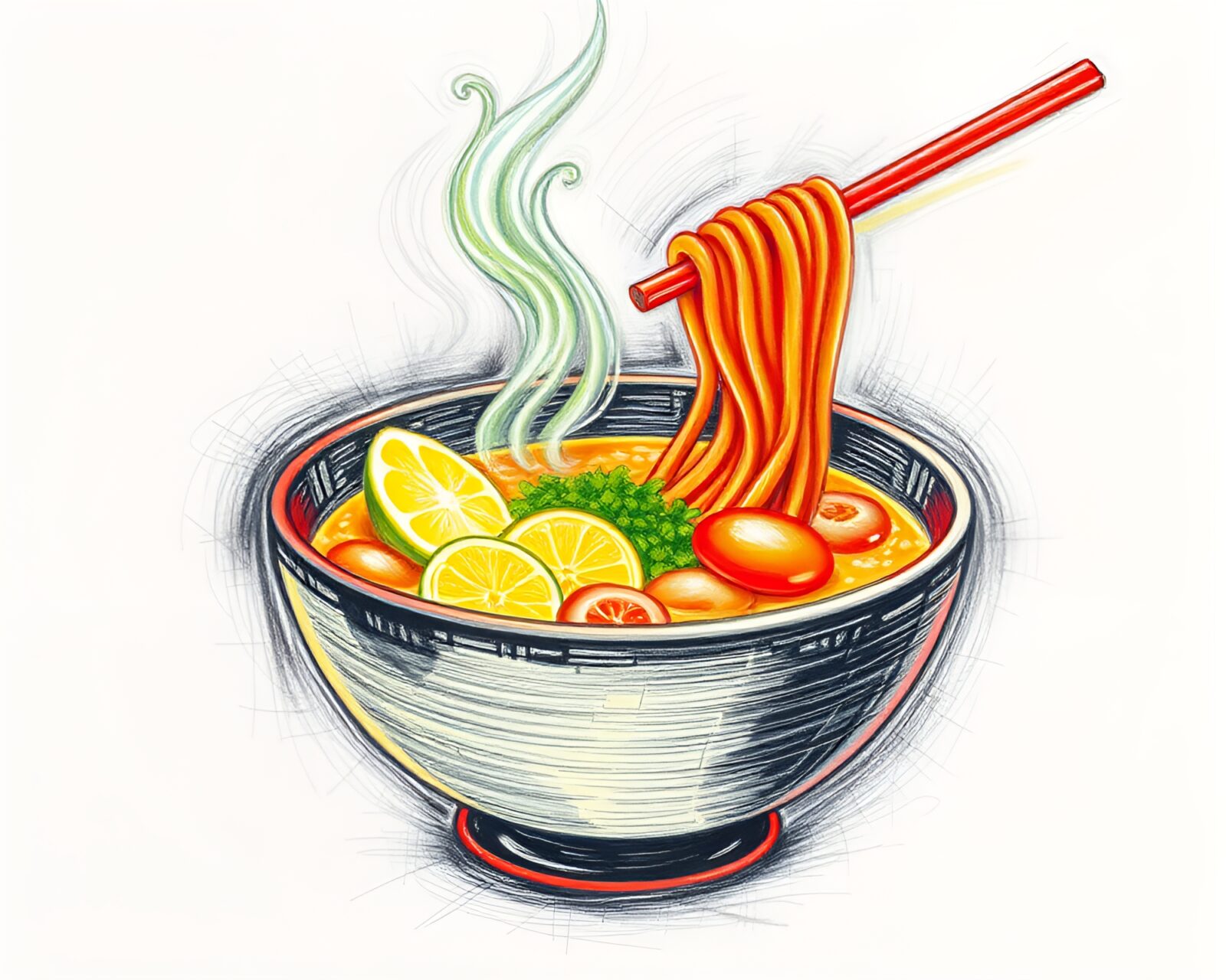 Ethereal neon-lit ramen bowl drawn in intricate crosshatch style