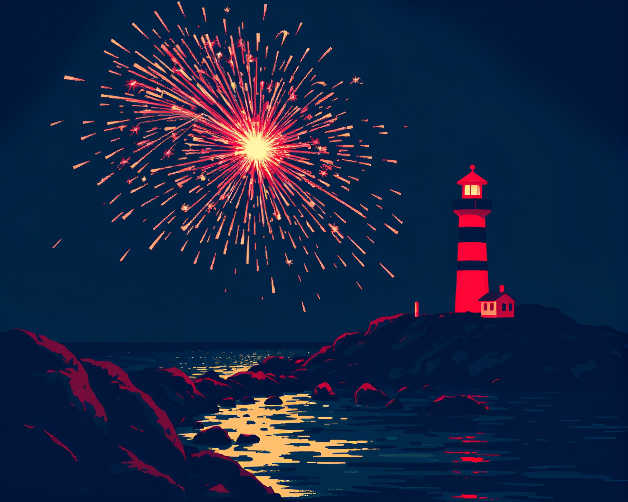 Lighthouse Sparkler Trails Illuminate Ruby Red Night Sky – free AI stock image