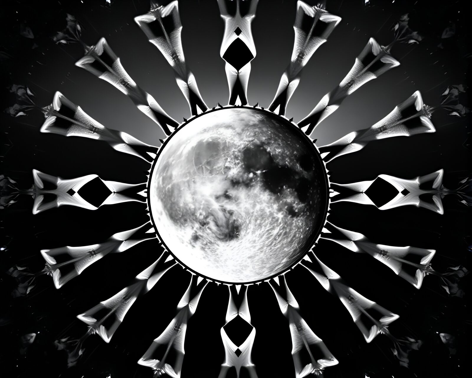 A surreal composite of quantum computers in grayscale moonlight