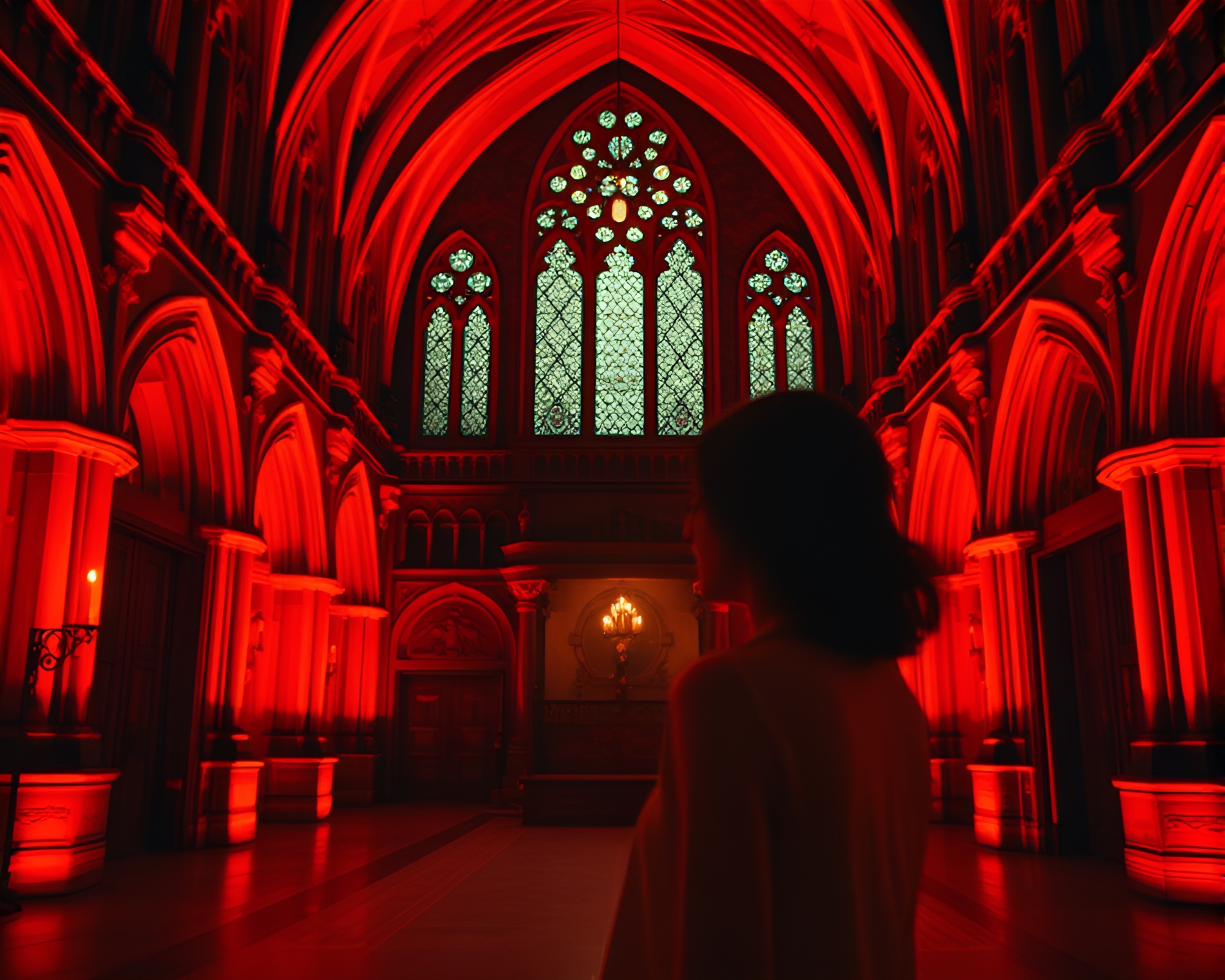 Candid Neo-Gothic Mansion Bathed in Burnt Orange Light – free AI stock image
