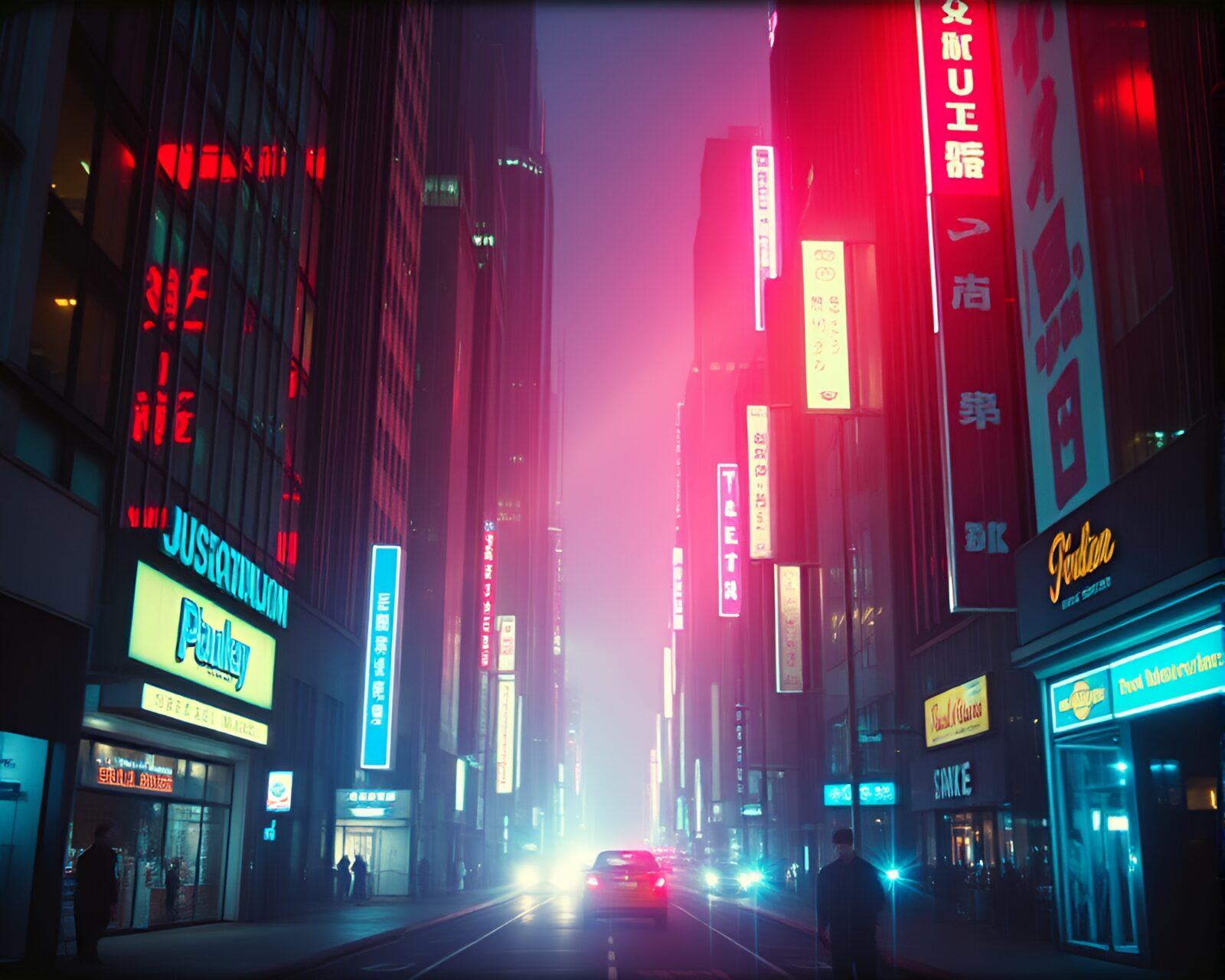 Abstract city skyline with neon lights and paint drips
