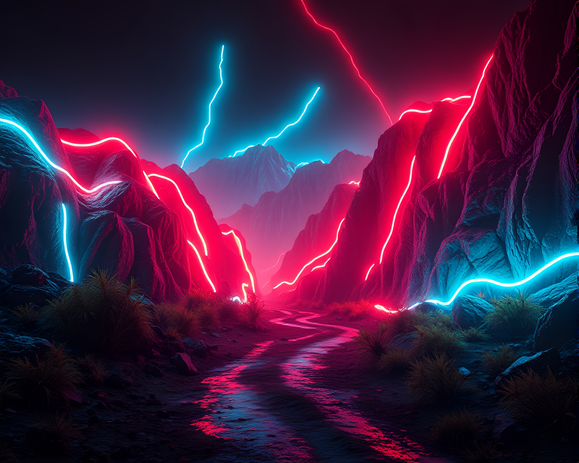 Neon Valley Glitch: Digital Sunset Vibes – free AI stock image