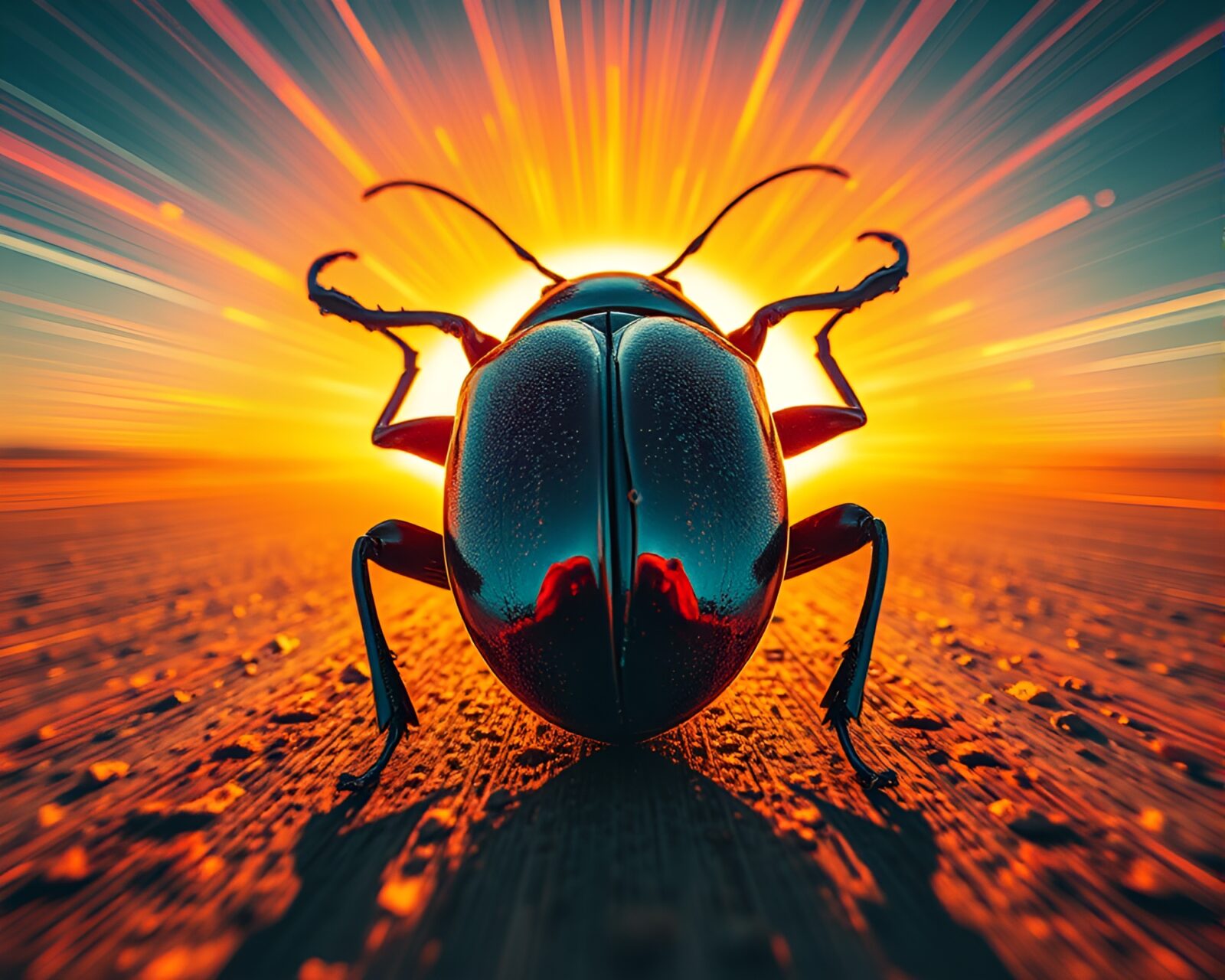 Wide-angle view of a glowing beetle in motion