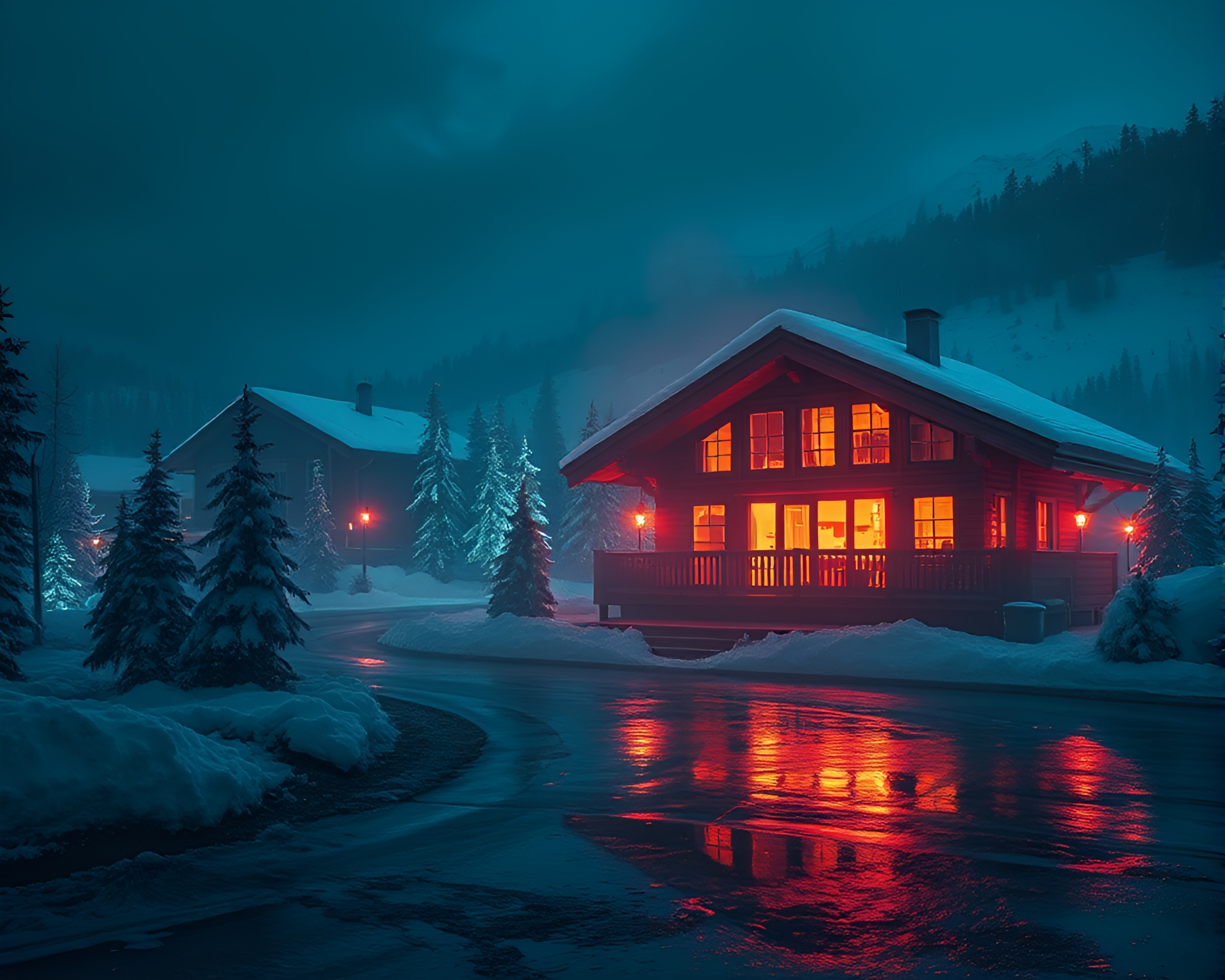 Neon Alpine Chalet in Sgraffito Style – free AI stock image