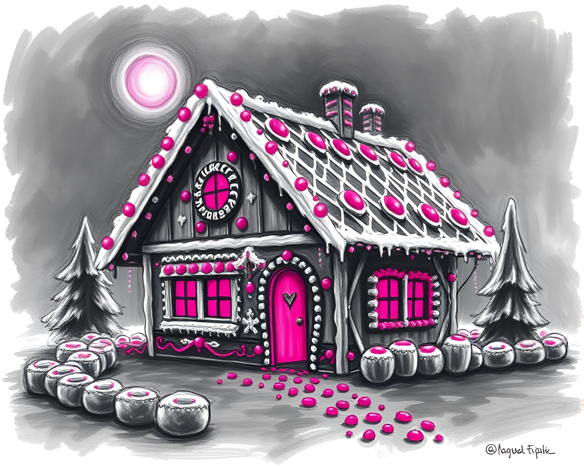 Magenta Sunset Glare over Gingerbread Fantasy – free AI stock image