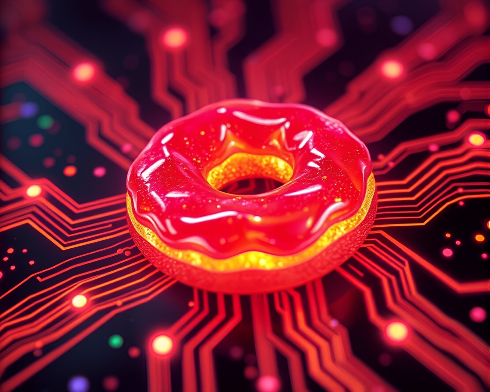 Colorful mosaic of circuit board traces shaped like a doughnut