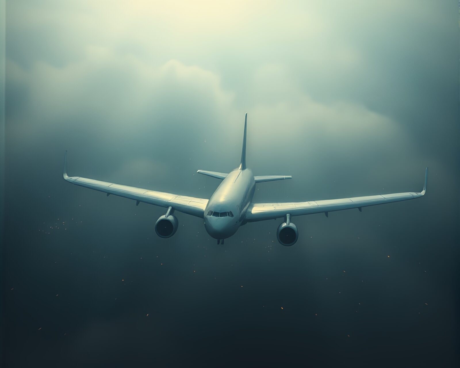 A detailed hatching illustration of a translucent airplane engulfed in dreamy haze