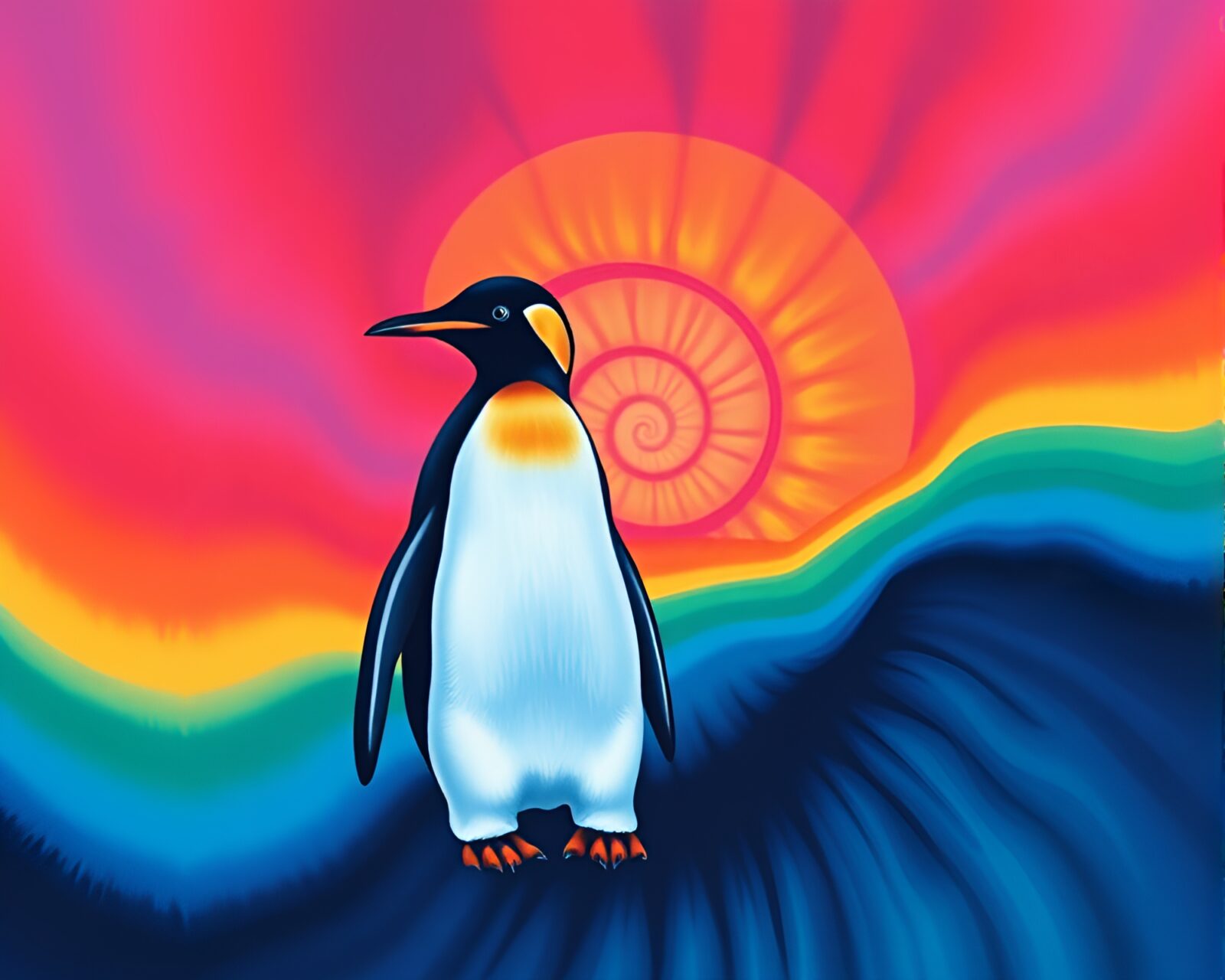Flat-color penguin gazing at sunset-dyed sky in spiral