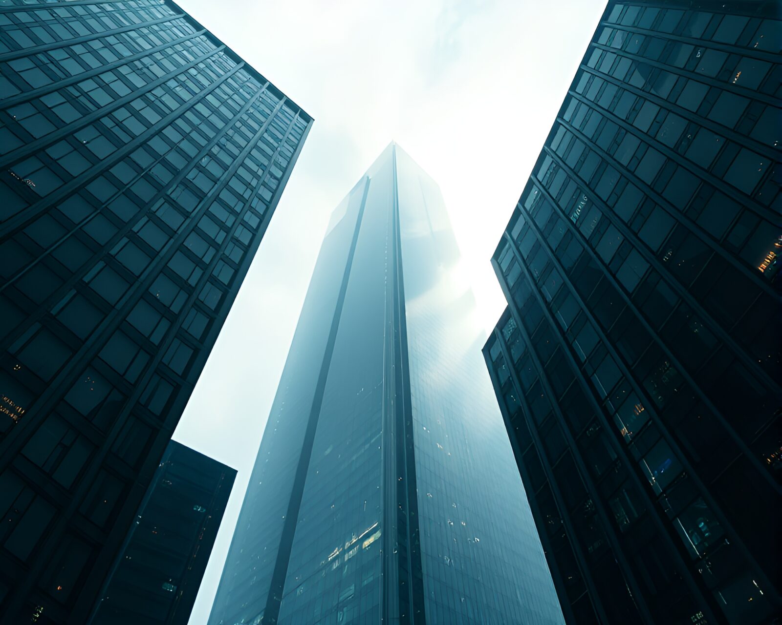 Detailed extreme close-up of a futuristic skyscraper with HUD overlay