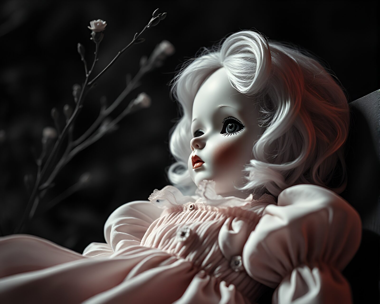 Infrared photo of a porcelain doll at a dramatic angle