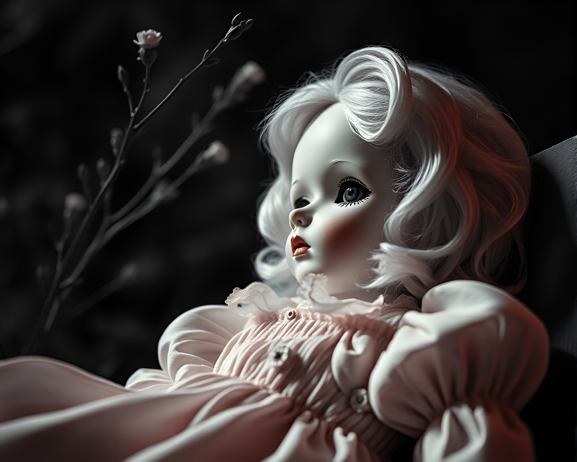 Eerie Dutch Angle Portrait: Porcelain Doll in High-Contrast Noir – free AI stock image