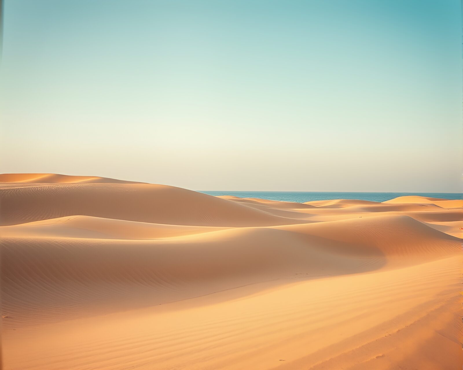 A sandy, secluded beach with dunes under hot sunlight