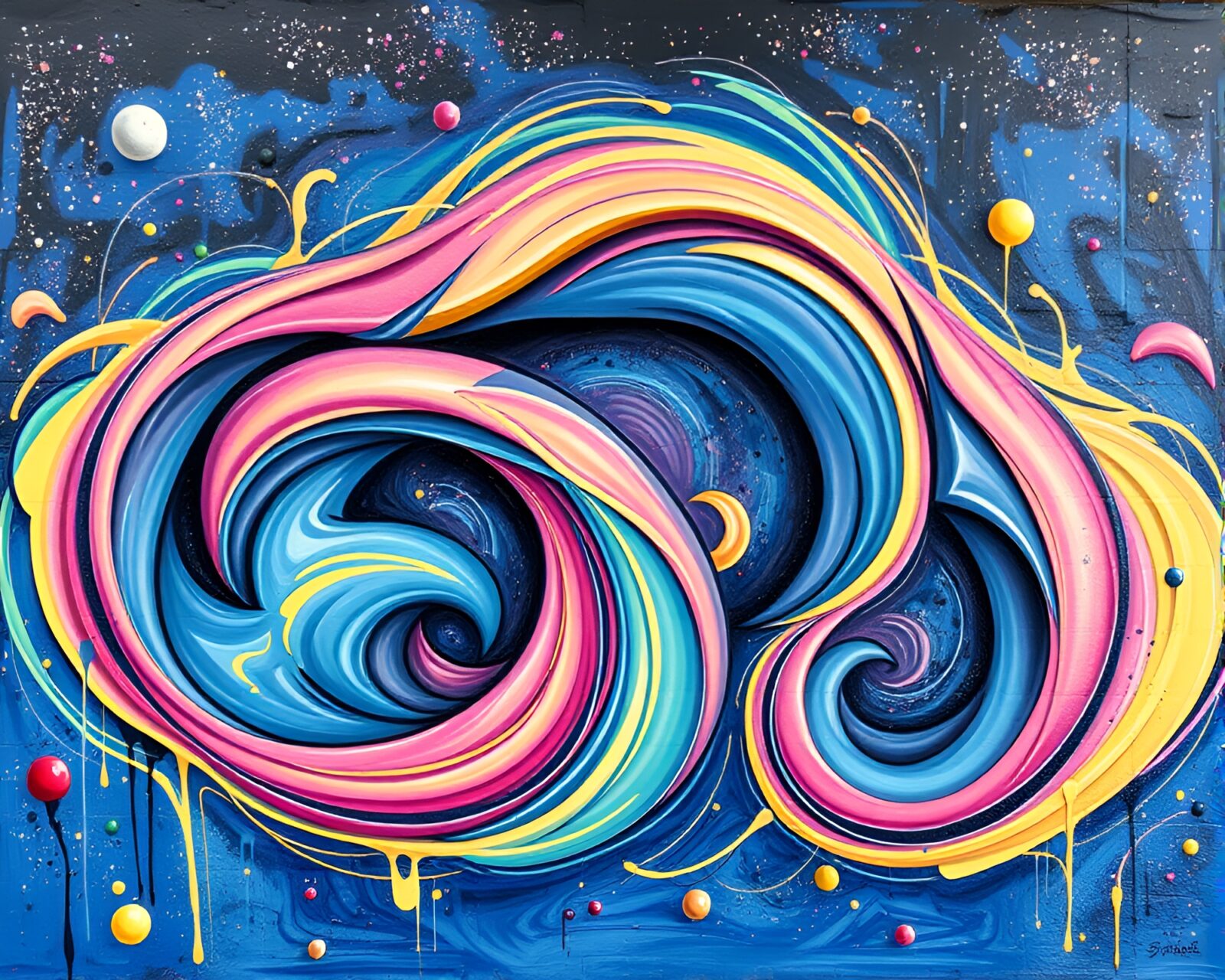 Vibrant swirls of satin ribbon colors in graffiti mural