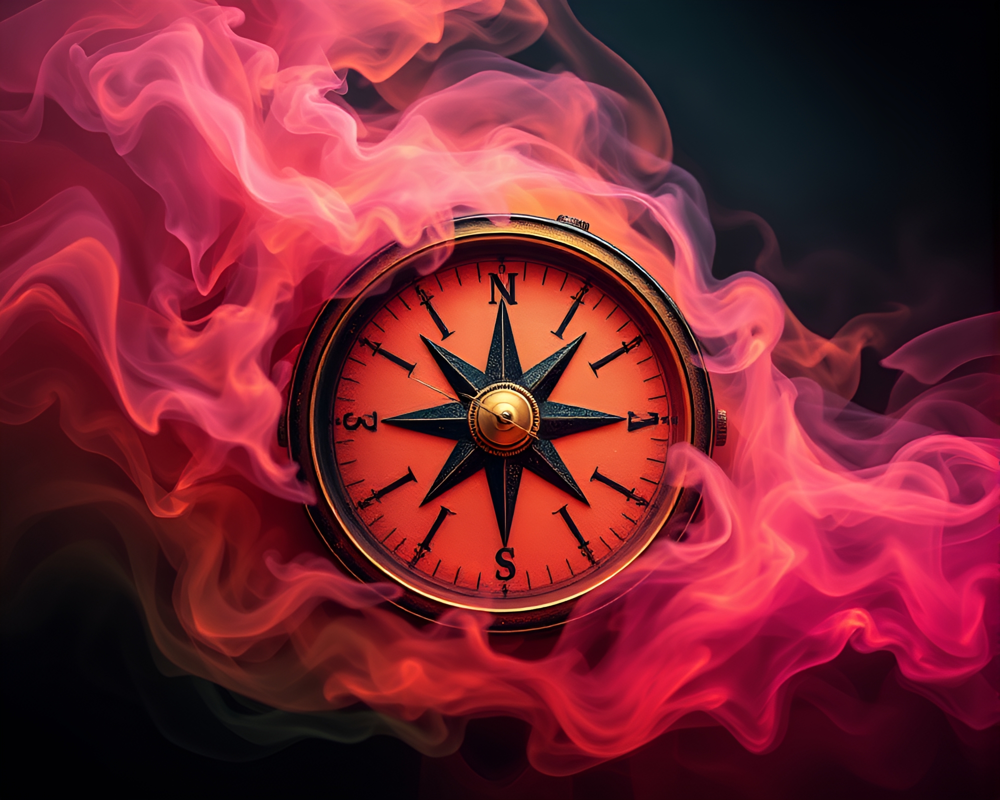 Mystic Neon Compass amidst Swirling Smoke Plume – free AI stock image
